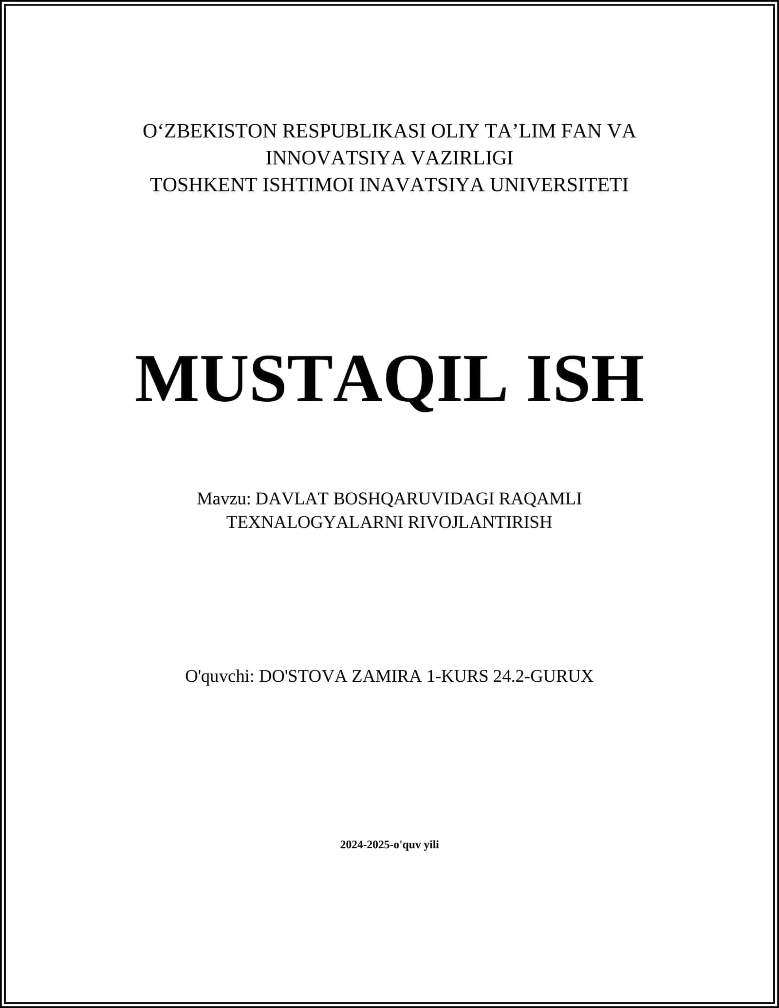 DAVLAT BOSHQARUVIDAGI RAQAMLI TEXNALOGYALARNI RIVOJLANTIRISH