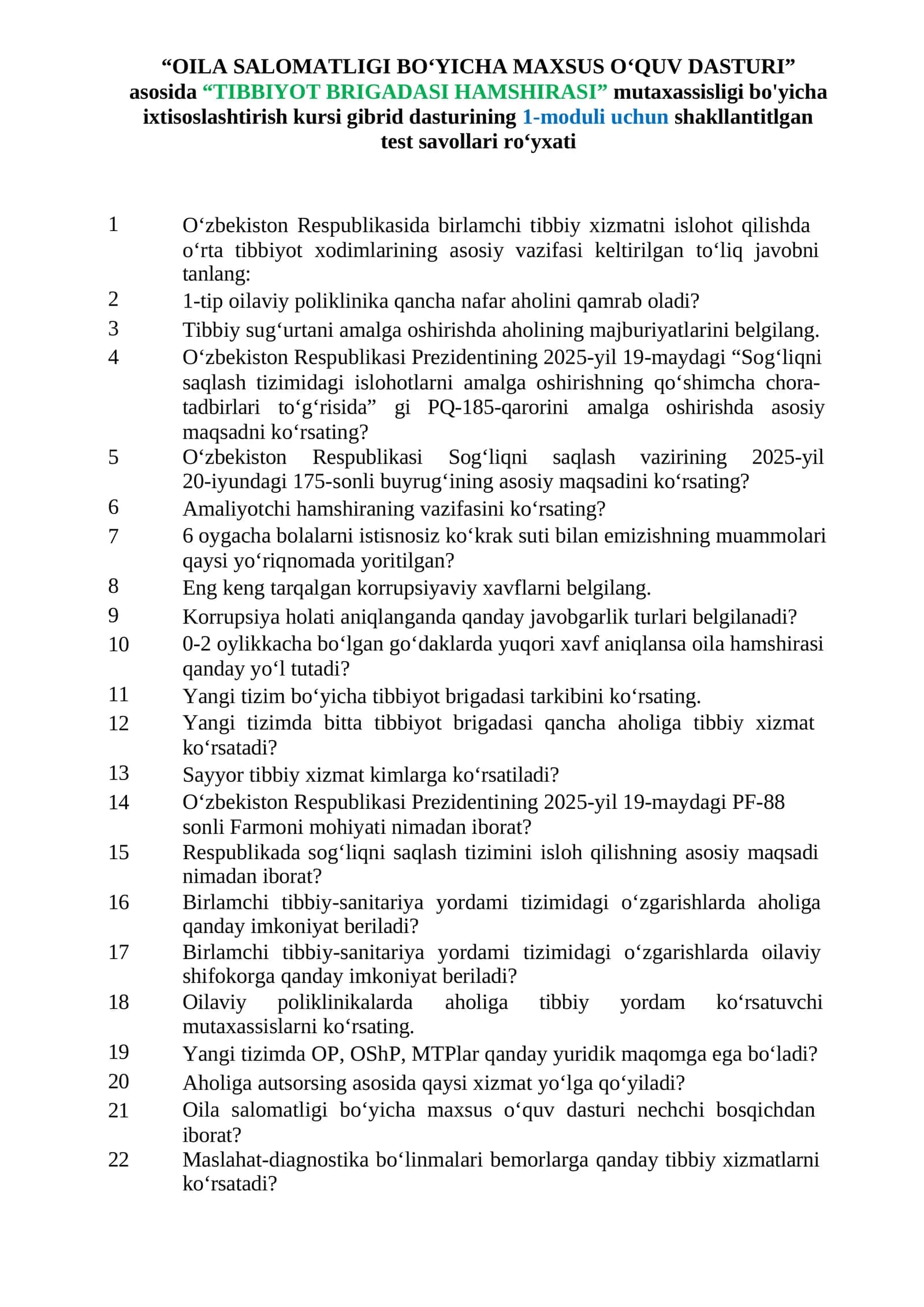 OILA SALOMATLIGI BOʻYICHA MAXSUS OʻQUV DASTURI