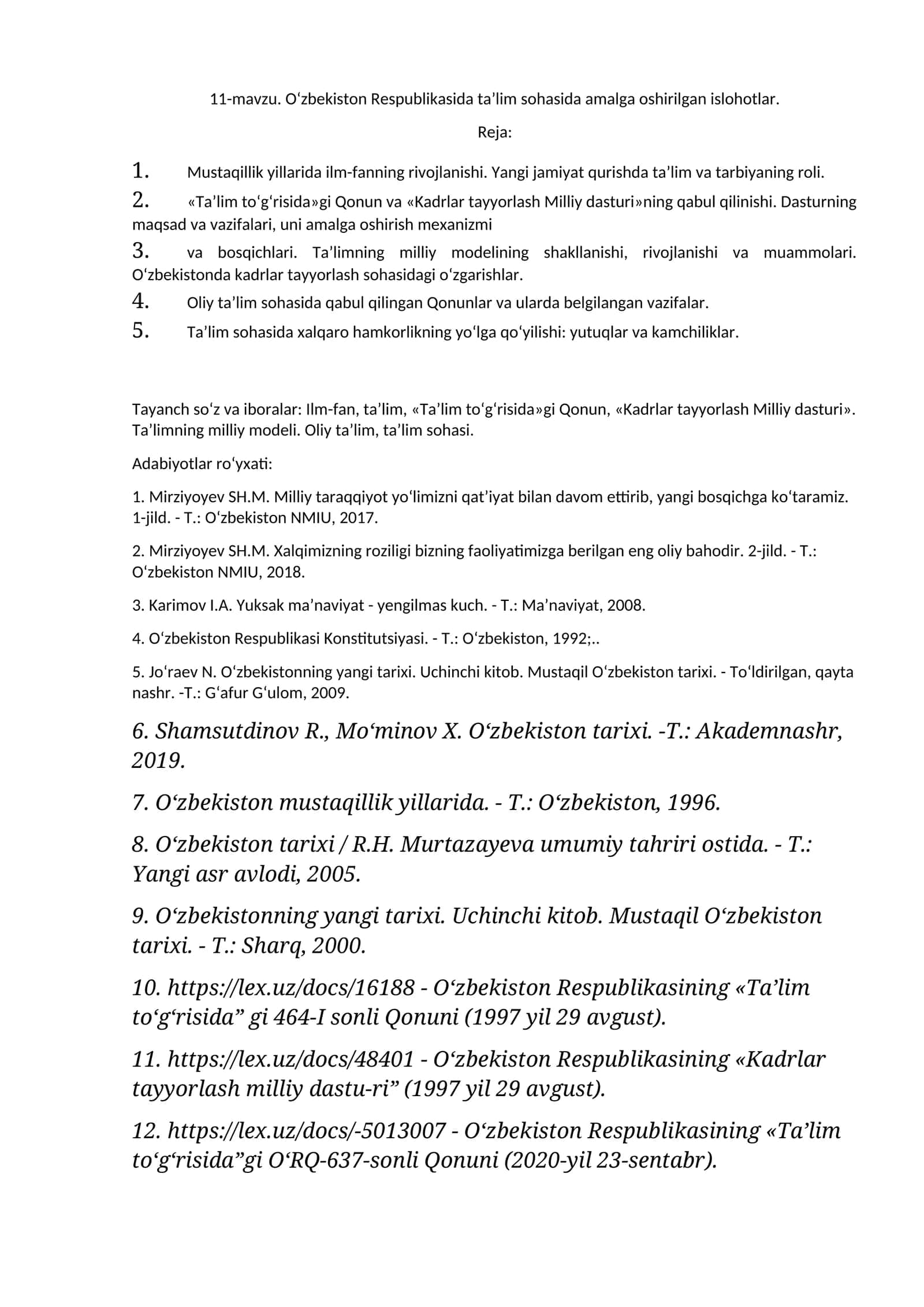 O‘zbekiston Respublikasida taʼlim sohasida amalga oshirilgan islohotlar