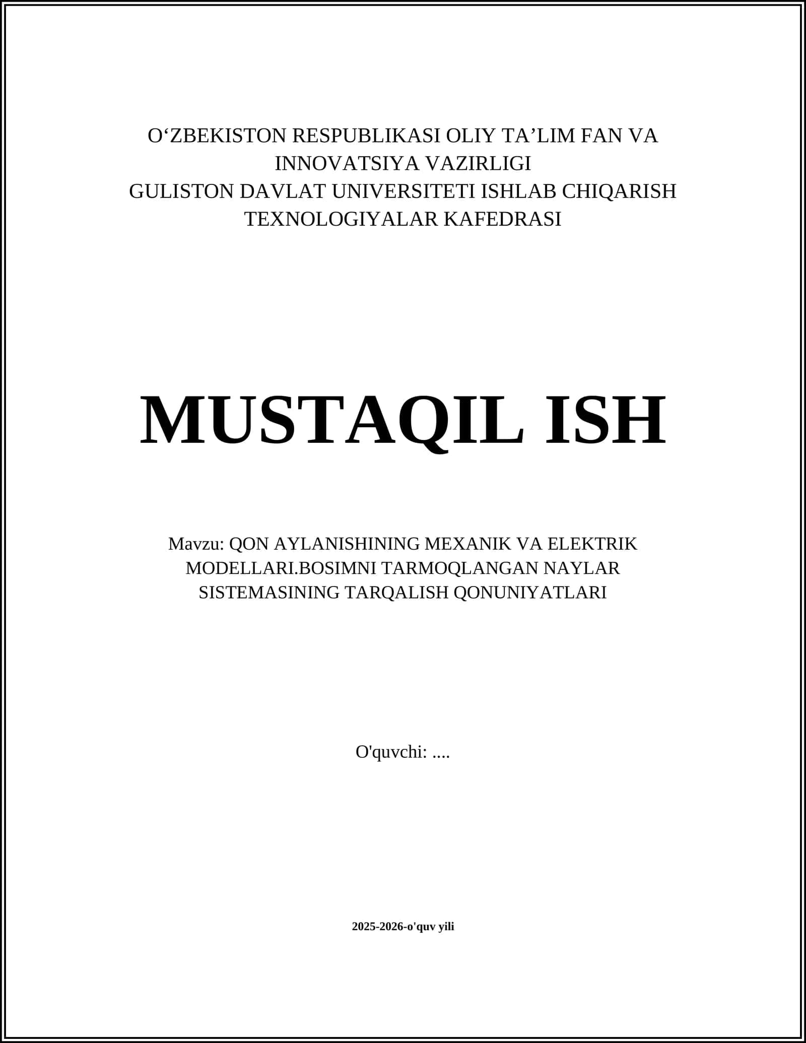 QON AYLANISHINING MEXANIK VA ELEKTRIK MODELLARI.BOSIMNI TARMOQLANGAN NAYLAR SISTEMASINING TARQALISH QONUNIYATLARI