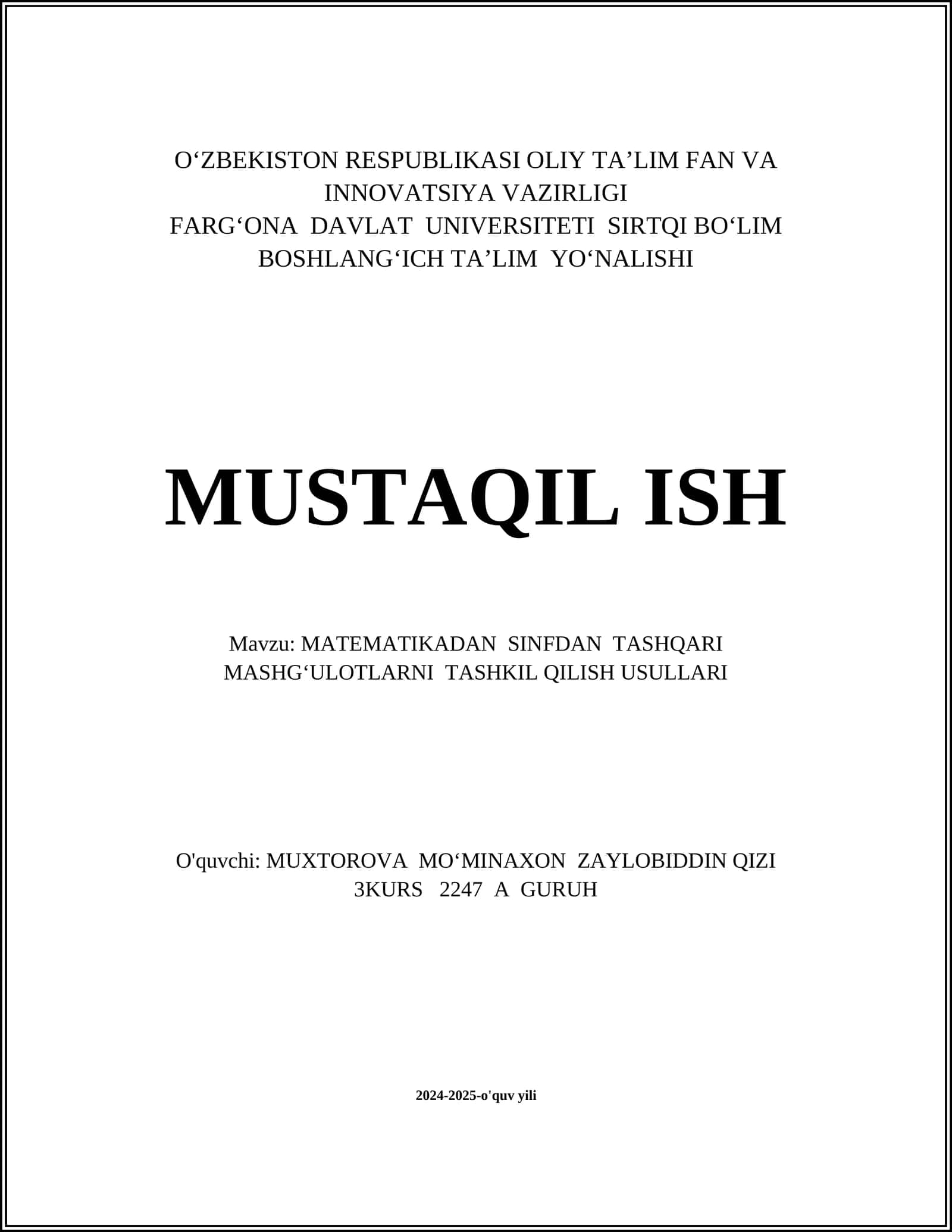 Sinfdan tashqari matematik o'yinlar