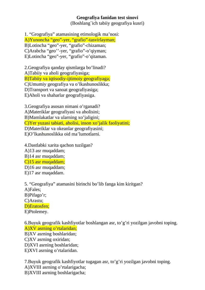 Geografiya fanidan test sinovi