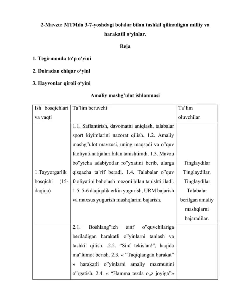 MTMda 3-7-yoshdagi bolalar bilan tashkil qilinadigan milliy va harakatli o‘yinlar.