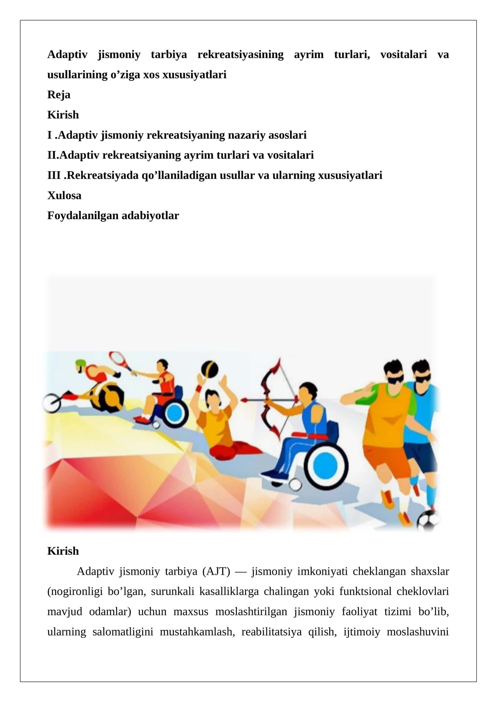 Adaptiv jismoniy tarbiya rekreatsiyasining turlari