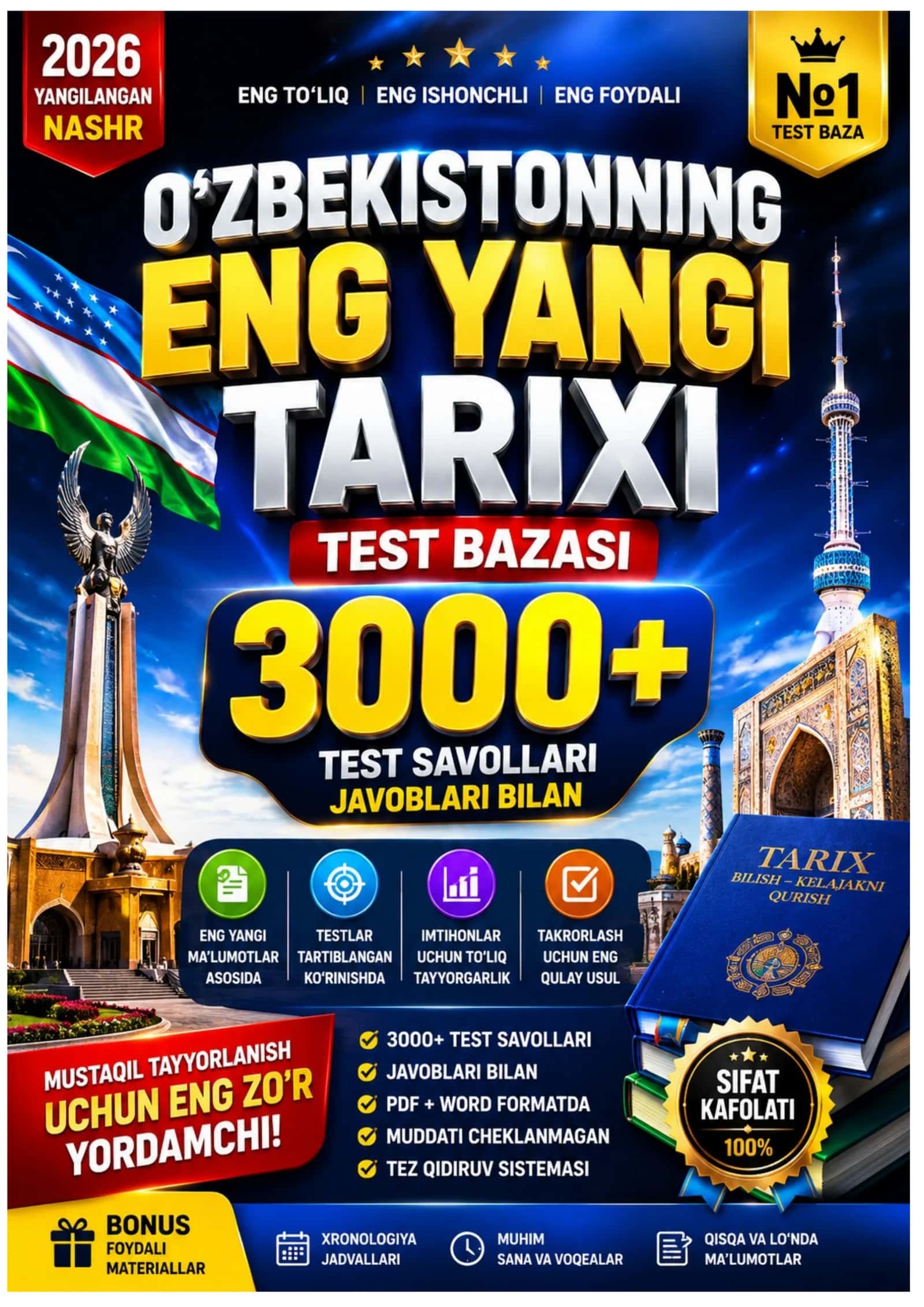 ARGOS 2026 YIL O'ZBEKISTONNING ENG YANGI TARIXI PEDAGOGLAR VA ABITURIYENTLAR UCHUN UNIVERSAL TESTLAR BAZASI (3000+)