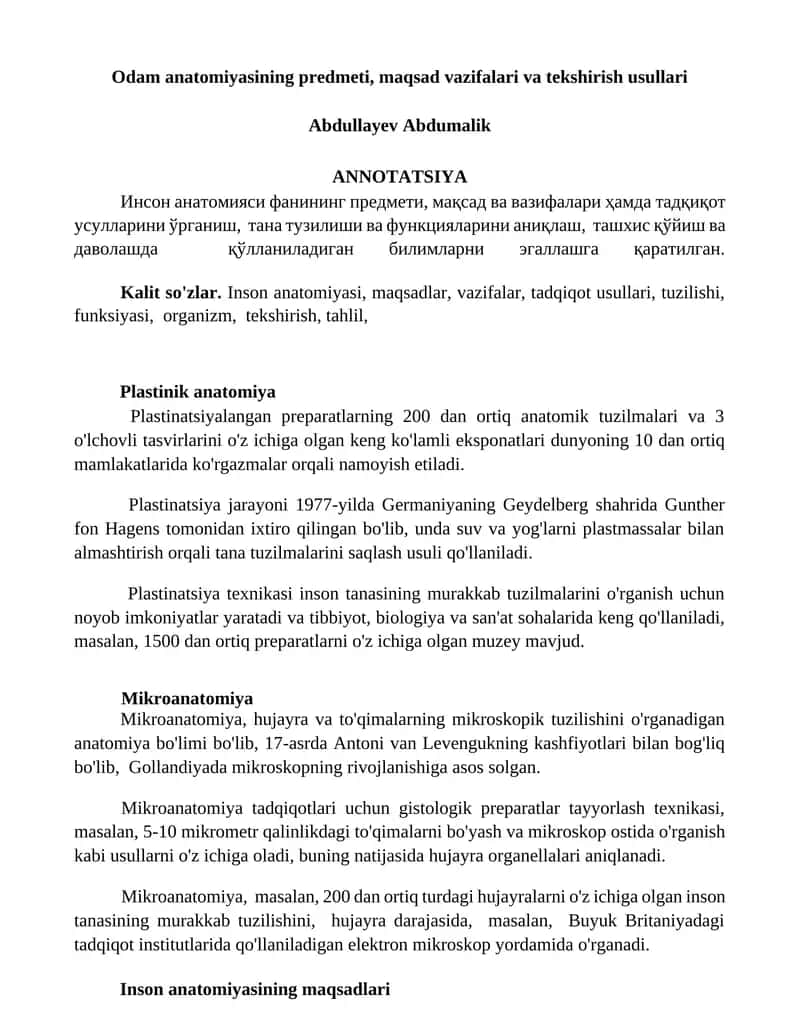 Odam anatomiyasining predmeti, maqsad vazifalari va tekshirish usullari
