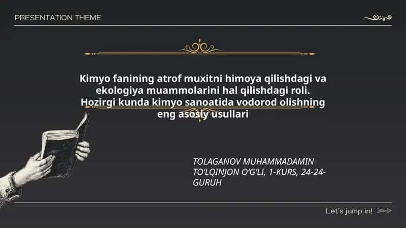 Kimyo fanining atrof muxitni himoya qilishdagi va ekologiya muammolarini hal qilishdagi roli