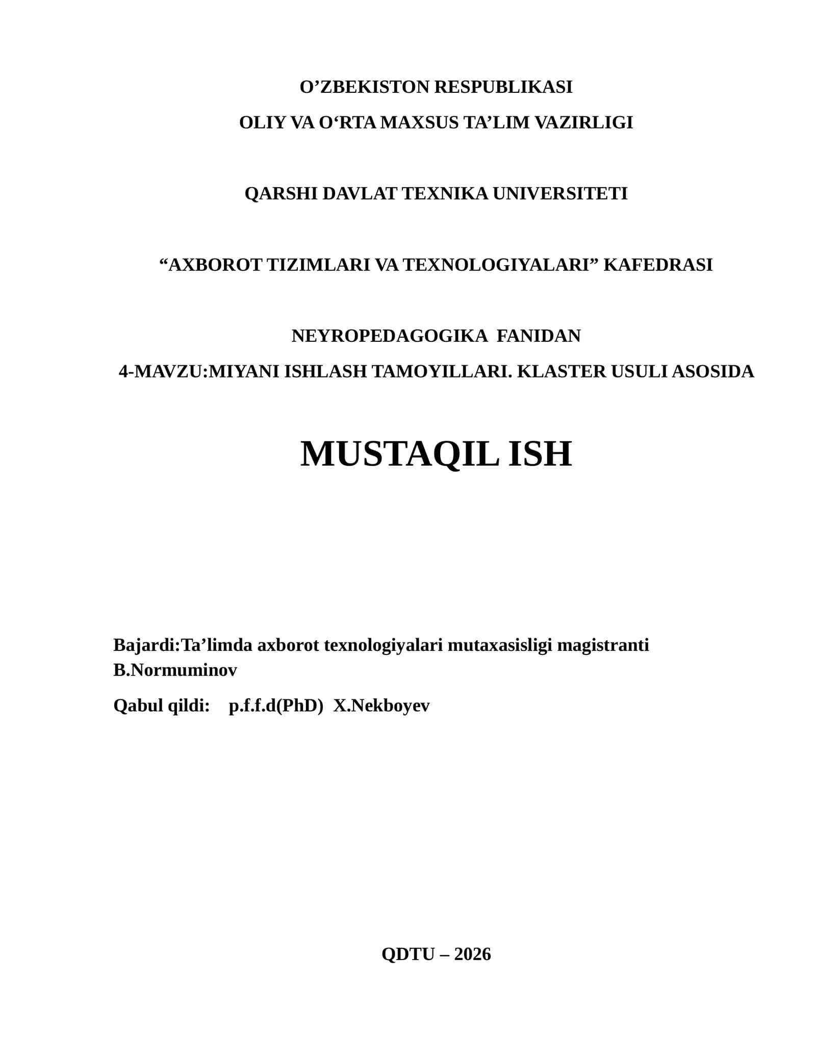 MIYANI ISHLASH TAMOYILLARI. KLASTER USULI ASOSIDA
