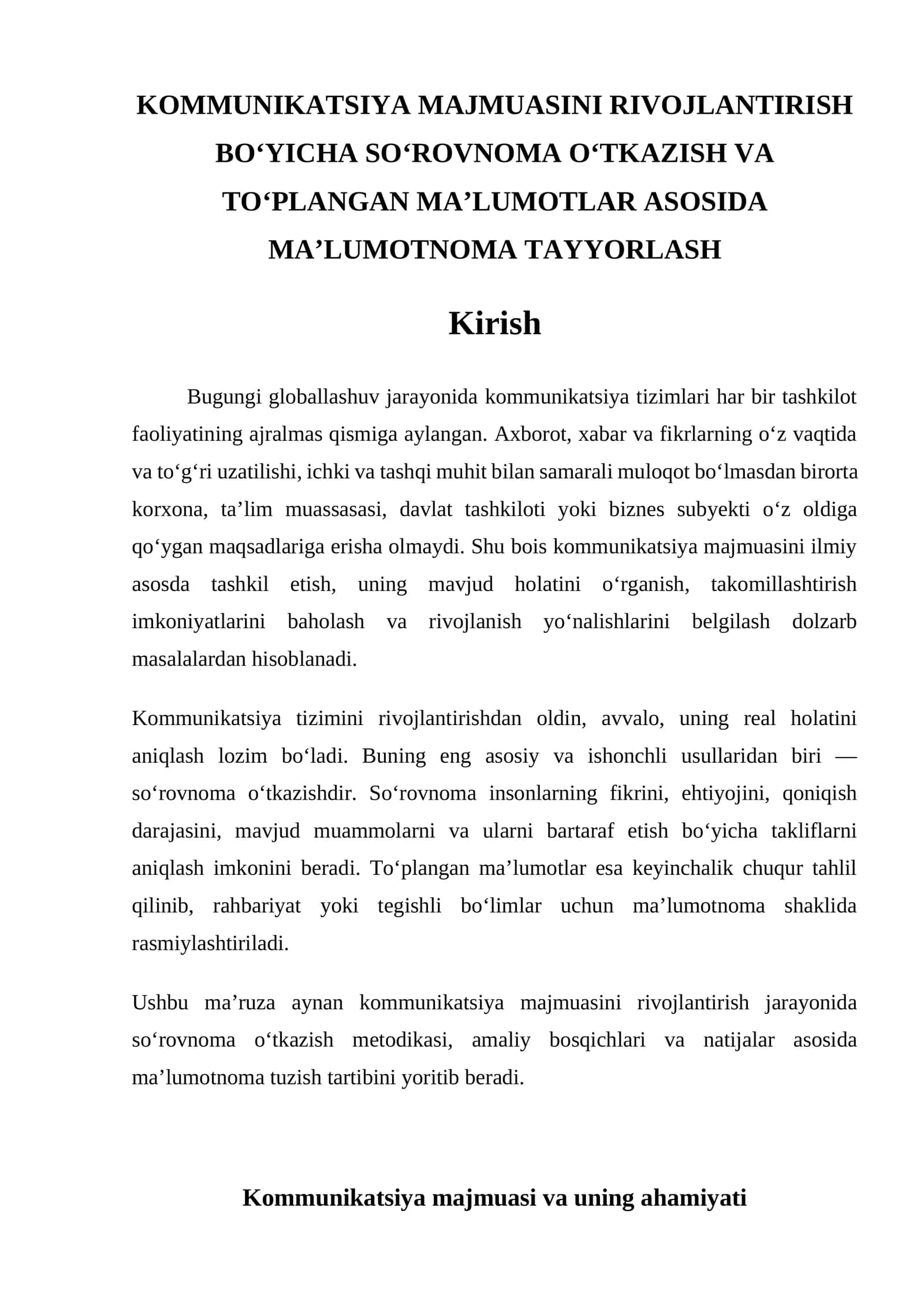 Kommunikatsiya majmuasini rivojlantirish bo‘yicha so‘rovnoma o‘tkazish va to‘plangan ma’lumotlar asosida ma’lumotnoma tayyorlash