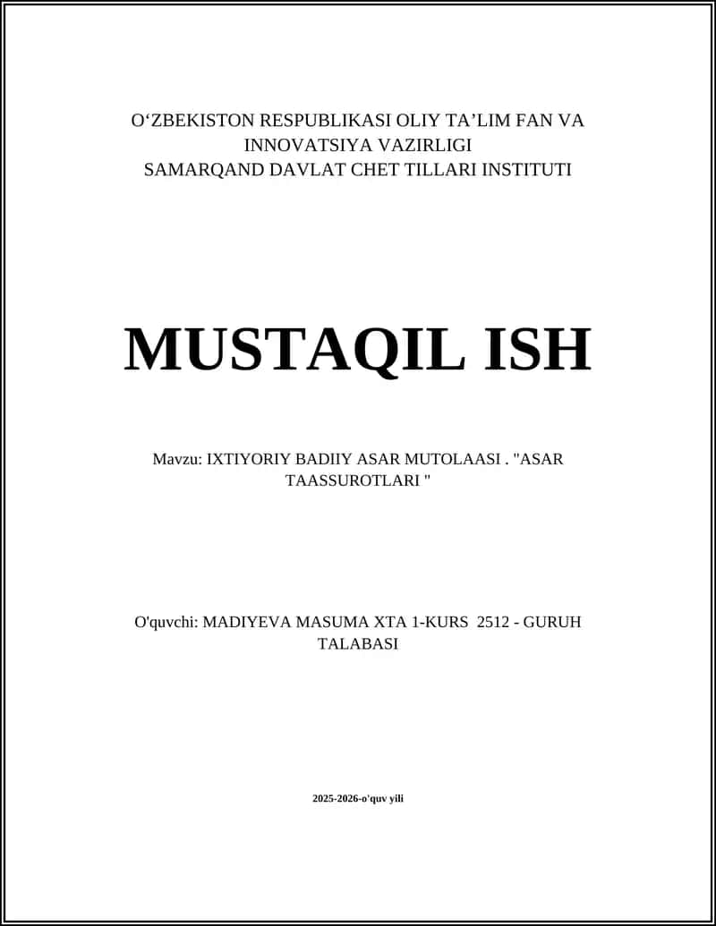 IXTIYORIY BADIIY ASAR MUTOLAASI. "ASAR TAASSUROTLARI "
