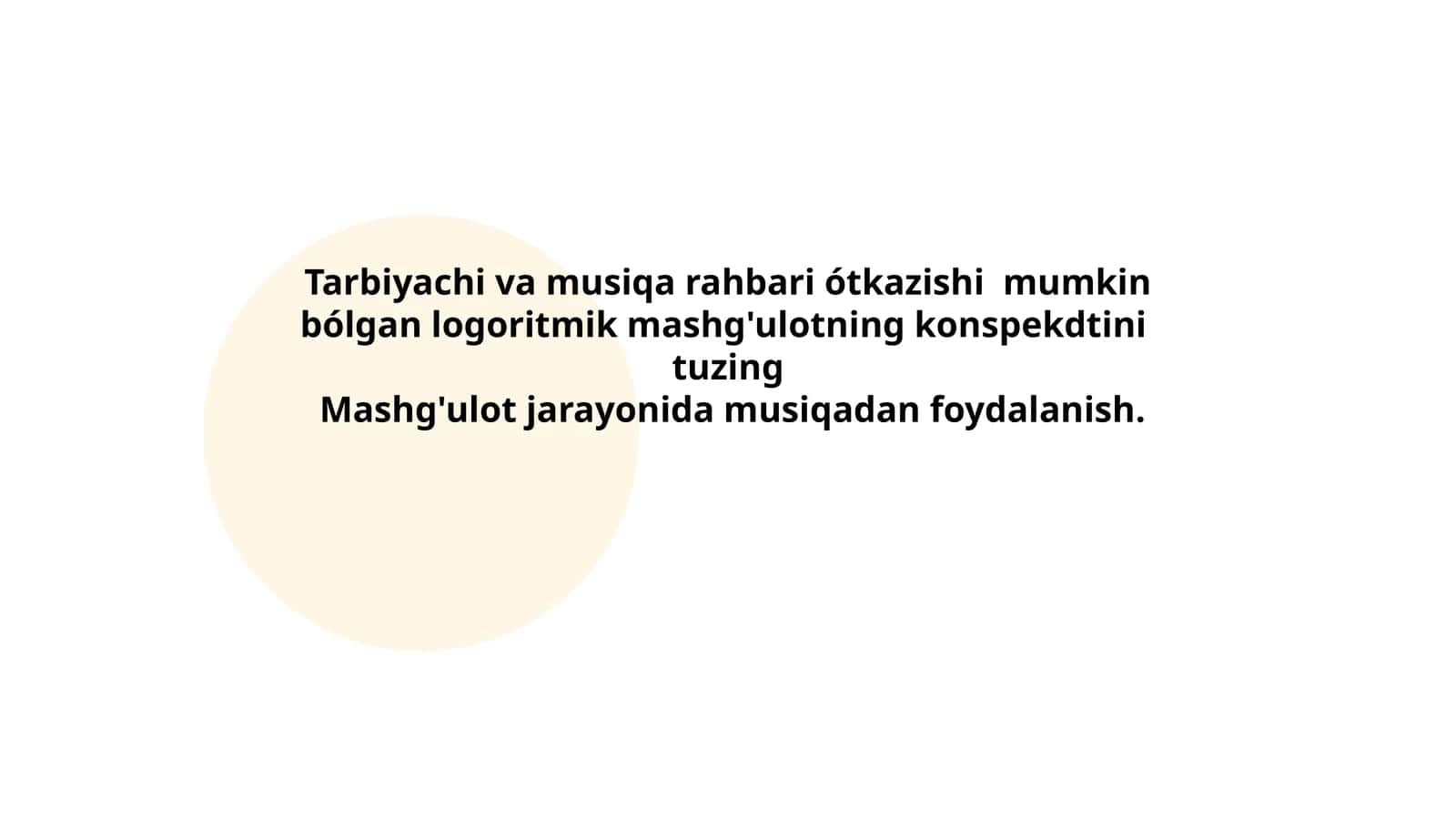 Tarbiyachi va musiqa rahbari ótkazishi mumkin bólgan logoritmik mashg'ulotning konspekdtini tuzing