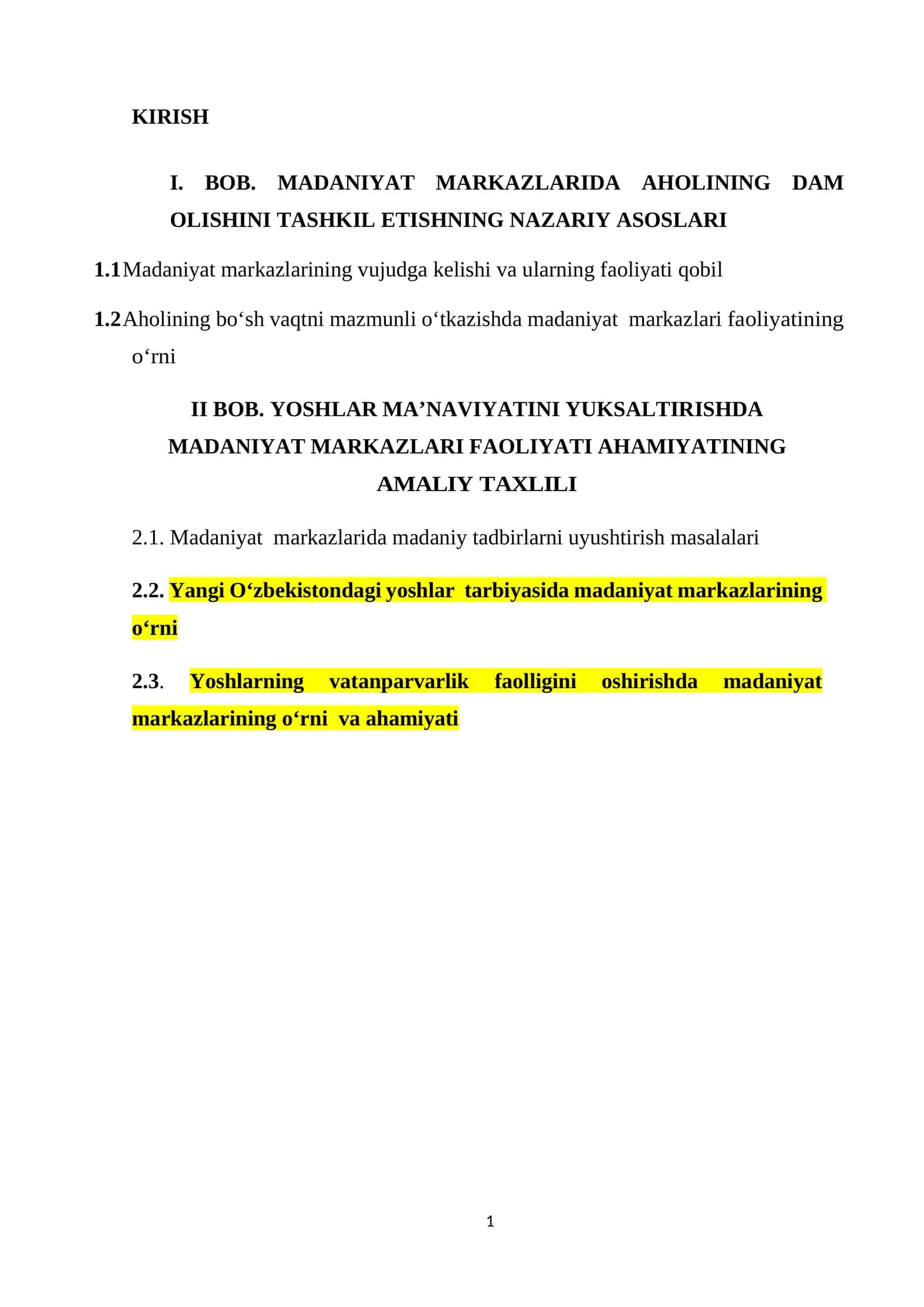 Yoshlar ma’naviyatini yuksaltirishda madaniyat markazlari faoliyati ahamiyatining AMALIY TAXLILI