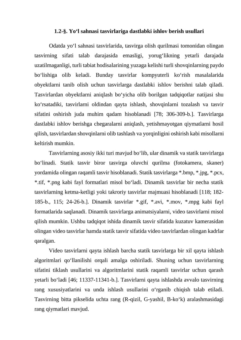 Yo‘l sahnasi tasvirlariga dastlabki ishlov berish usullari