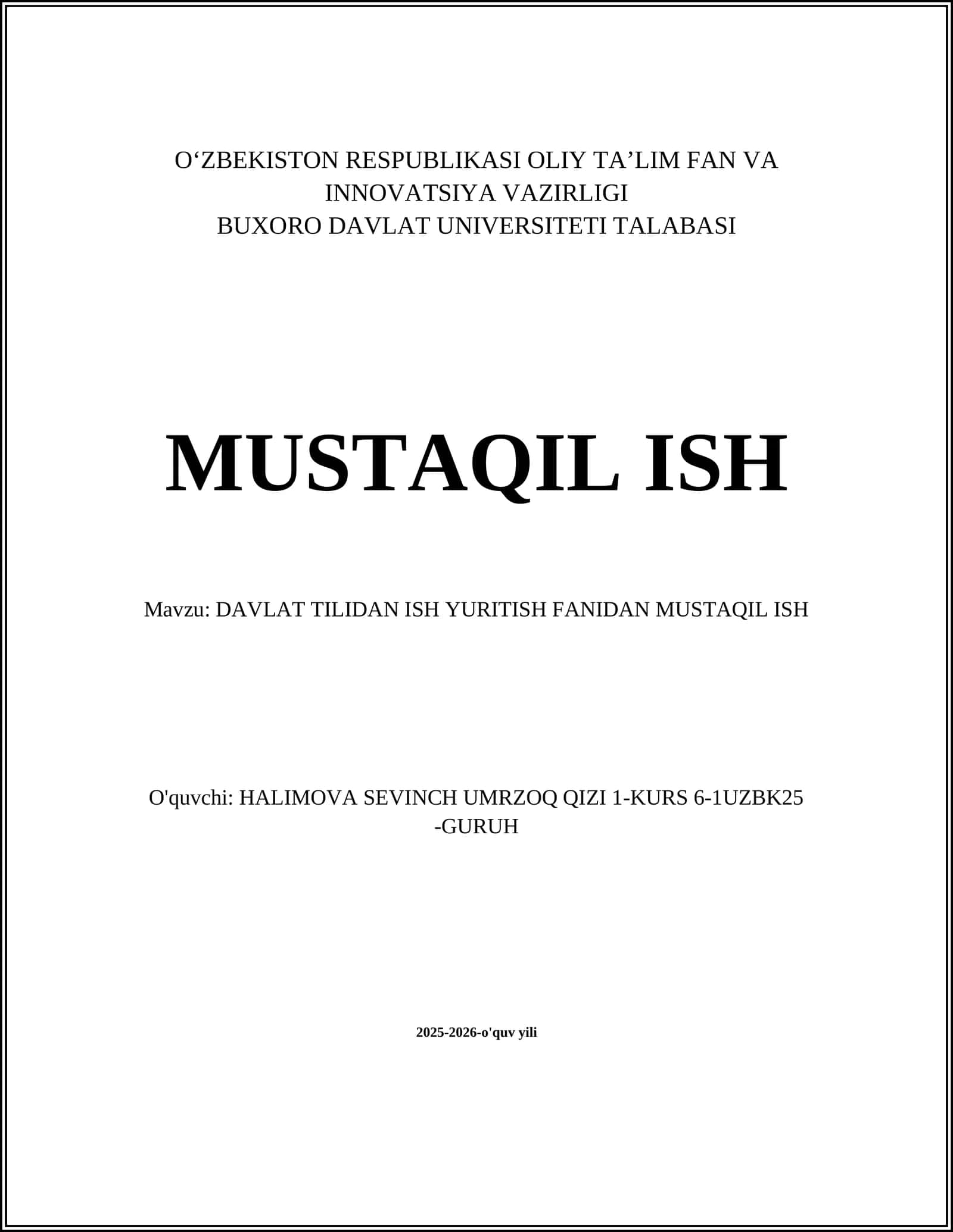 DAVLAT TILIDAN ISH YURITISH FANIDAN MUSTAQIL ISH