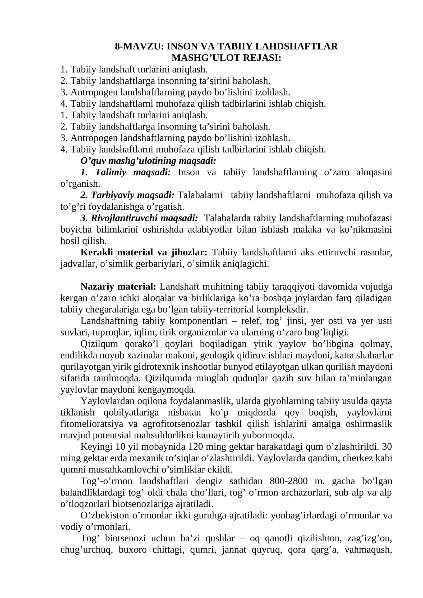 INSON VA TABIIY LAHDSHAFTLAR