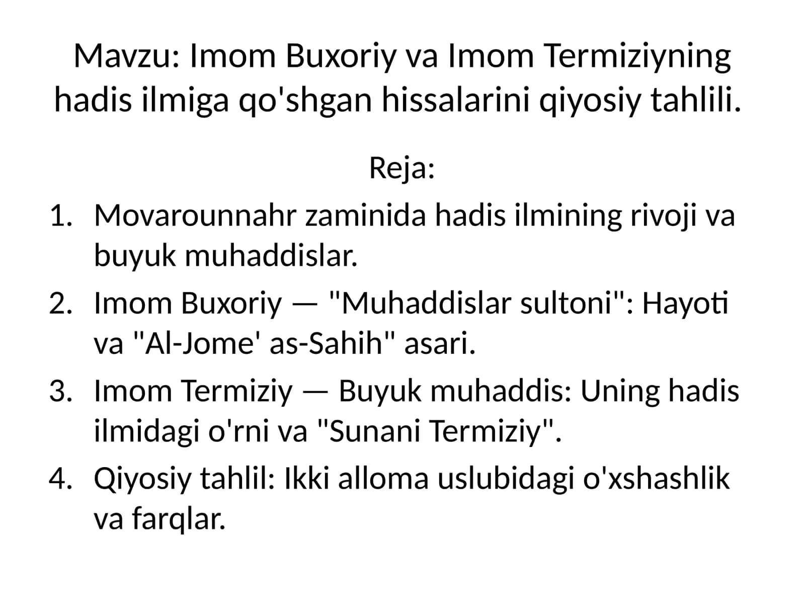 Imom Buxoriy va Imom Termiziyning hadis ilmiga qo'shgan hissalarini qiyosiy tahlili