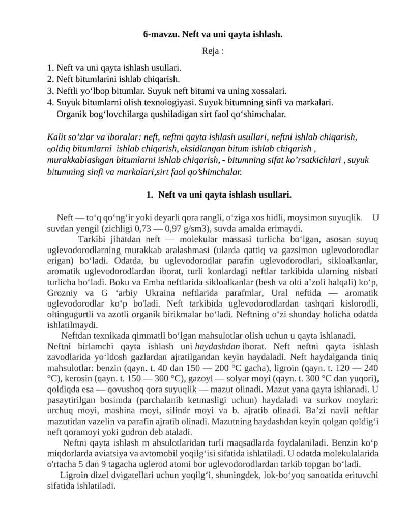 Neft va uni qayta ishlash