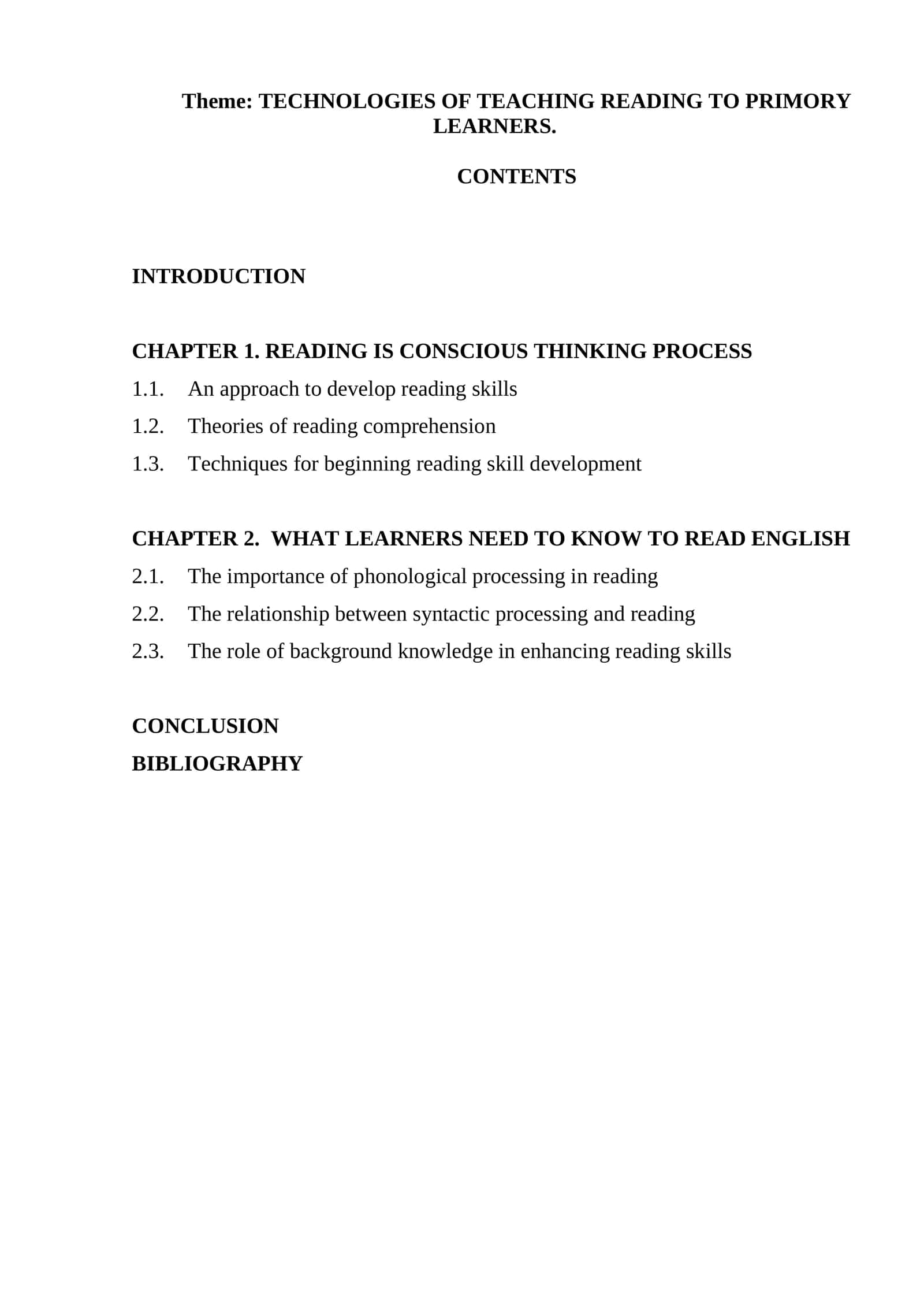 TECHNOLOGIES OF TEACHING READING TO PRIMORY LEARNERS