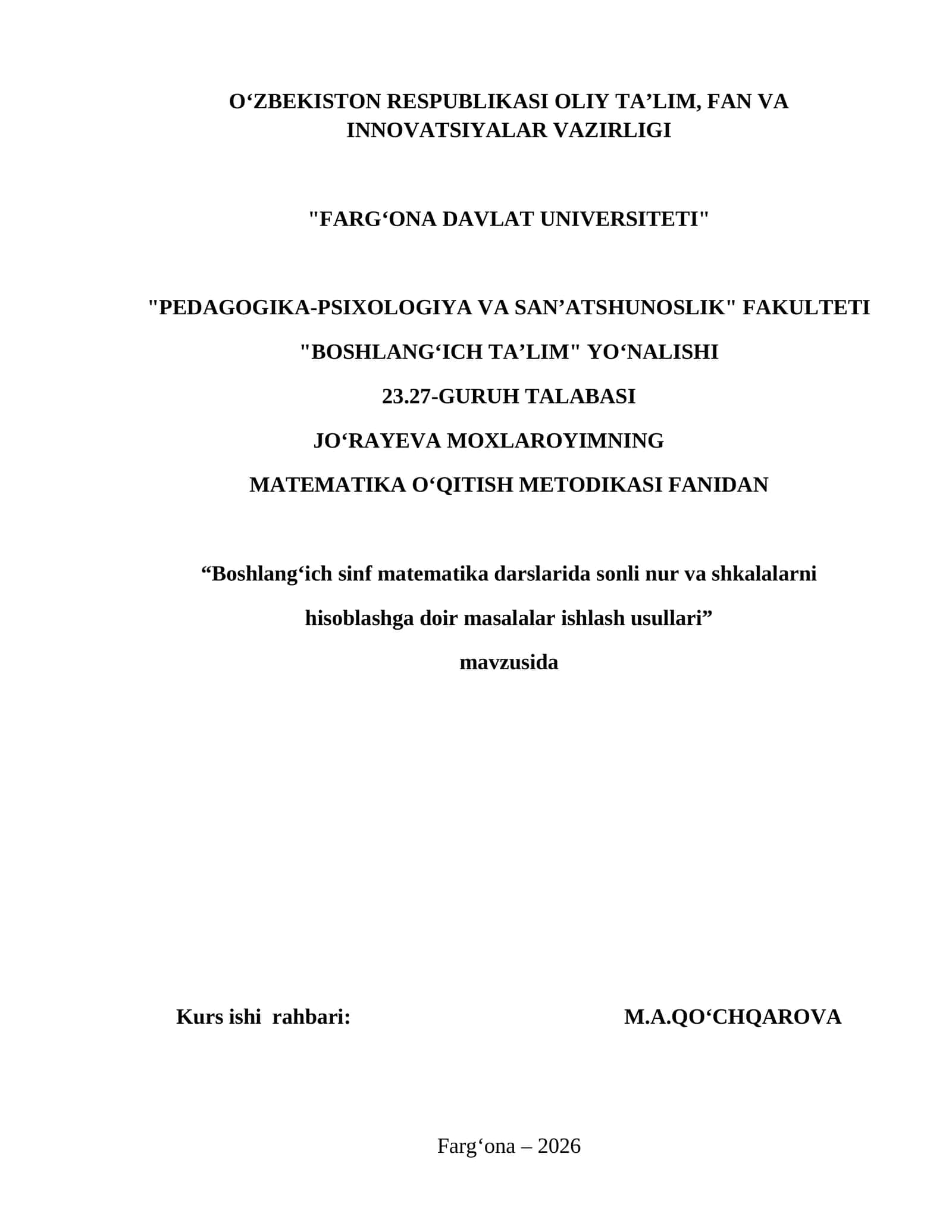 Boshlang‘ich sinf matematika darslarida sonli nur va shkalalarni hisoblashga doir masalalar ishlash usullari