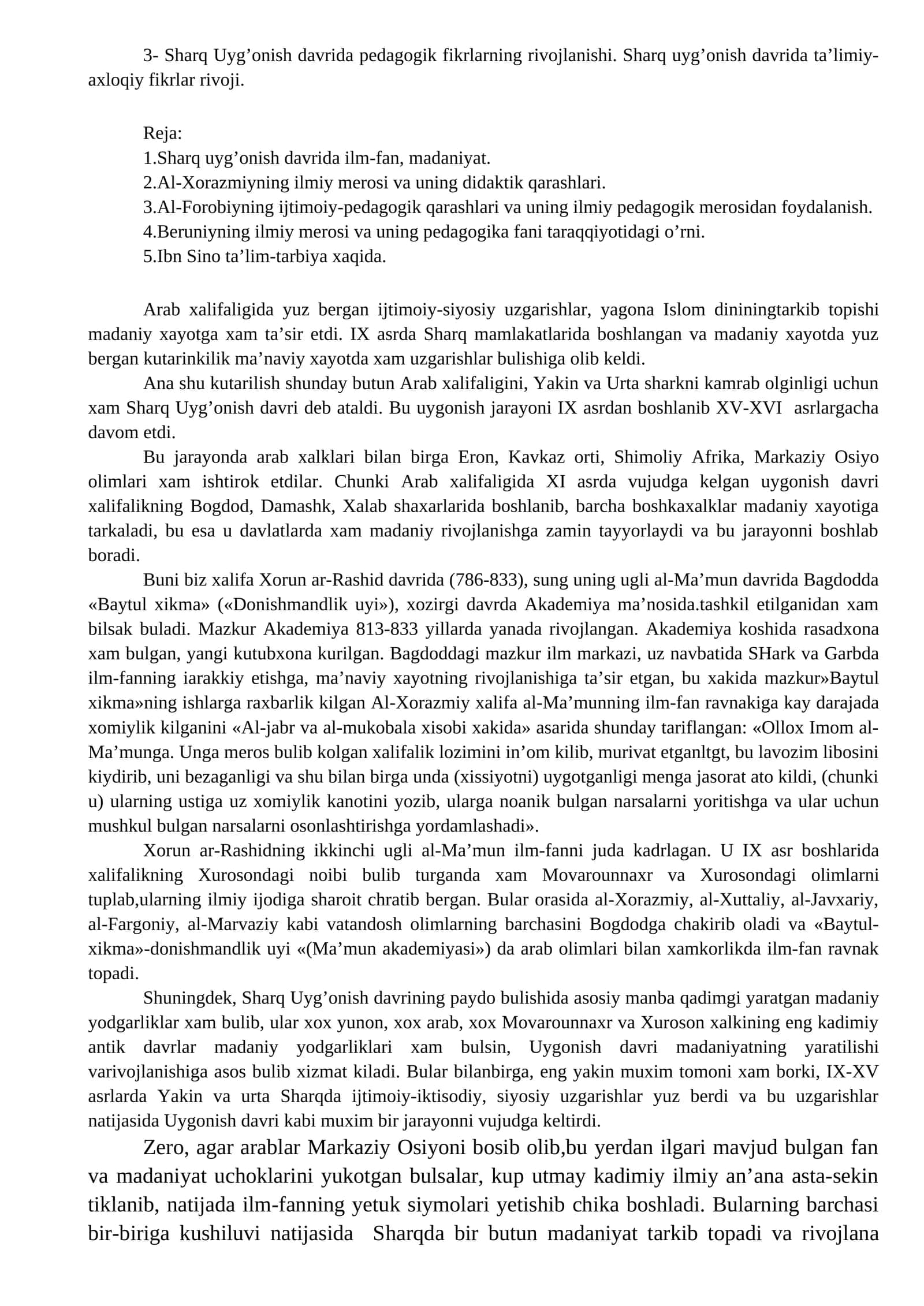 Sharq Uyg’onish davrida pedagogik fikrlarning rivojlanishi