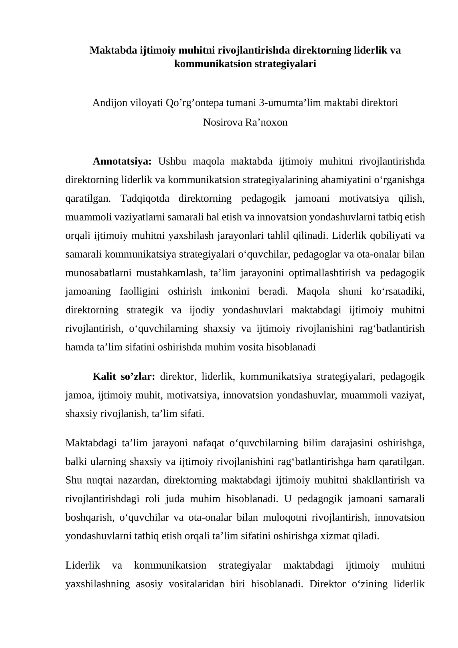 Maktabda ijtimoiy muhitni rivojlantirishda direktorning liderlik va kommunikatsion strategiyalari