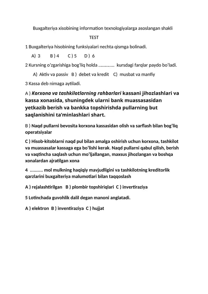 Buxgalteriya xisobining information texnologiyalarga asoslangan shakli test