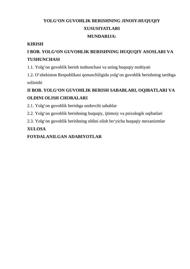 Yolg‘on Guvohlik Berishning Jinoiy-Huquqiy Xususiyatları