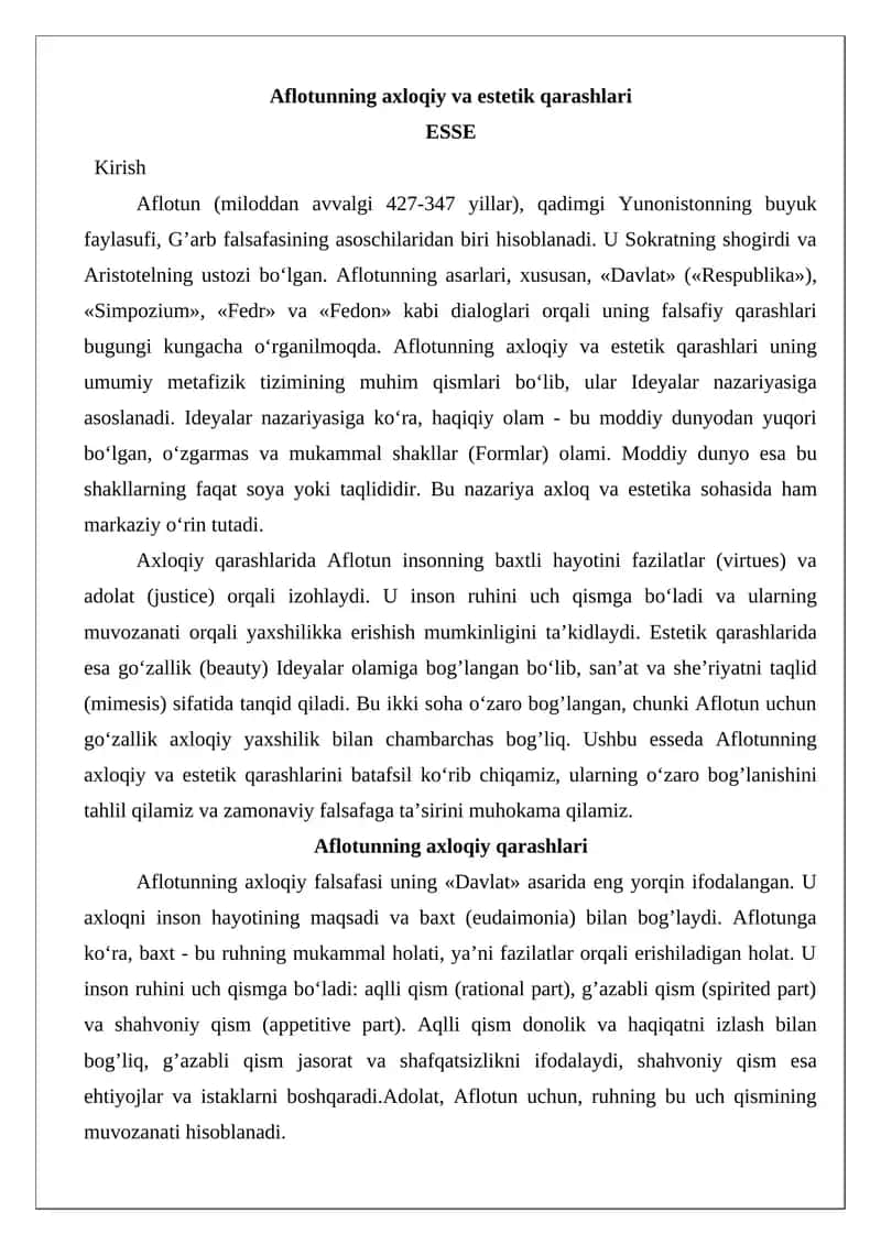 Aflotunning axloqiy va estetik qarashlari