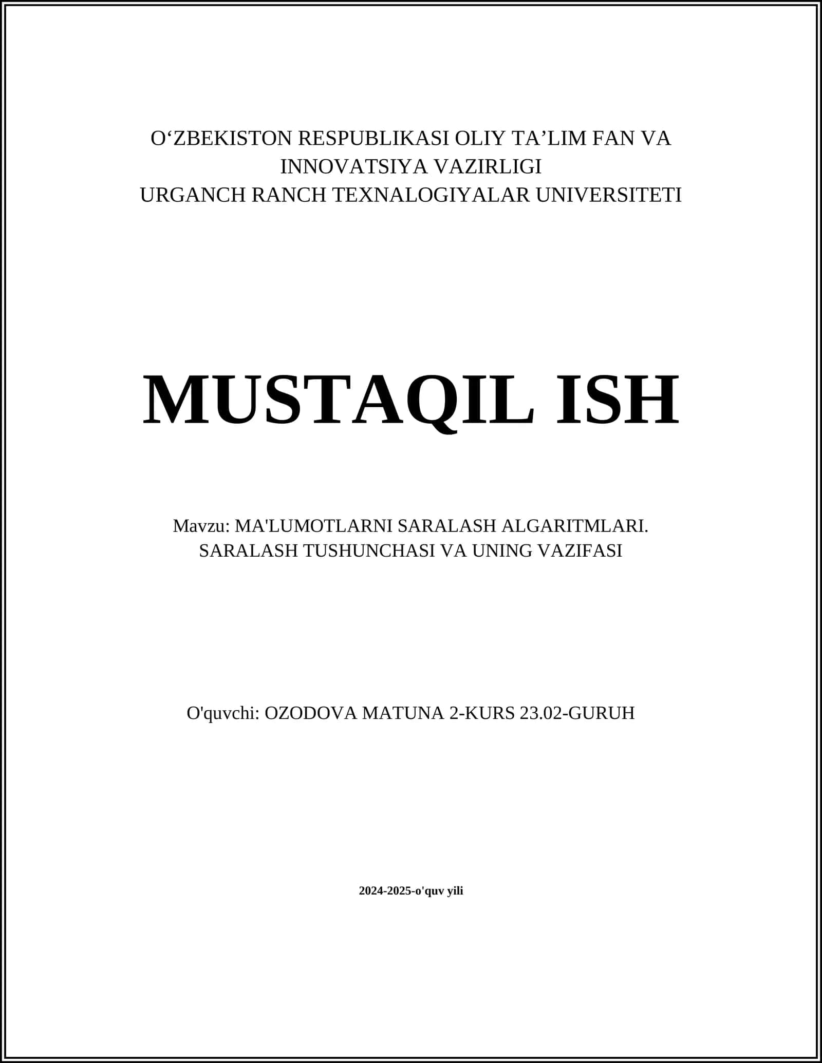 MA'LUMOTLARNI SARALASH ALGARITMLARI. SARALASH TUSHUNCHASI VA UNING VAZIFASI