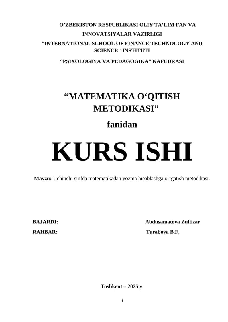 Uchinchi sinfda matеmatikadan yozma hisоblashga o`rgatish mеtоdikasi
