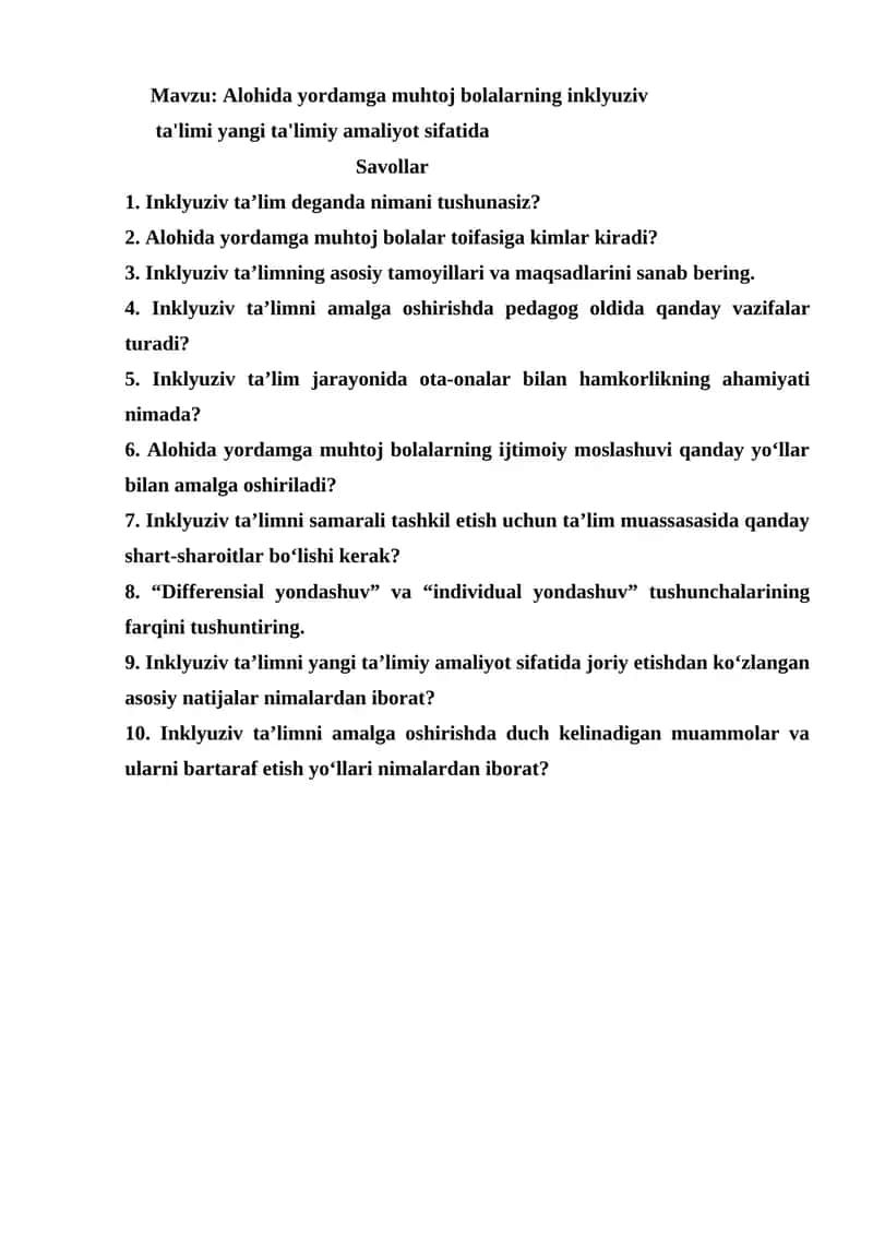 Alohida yordamga muhtoj bolalarning inklyuziv ta'limi