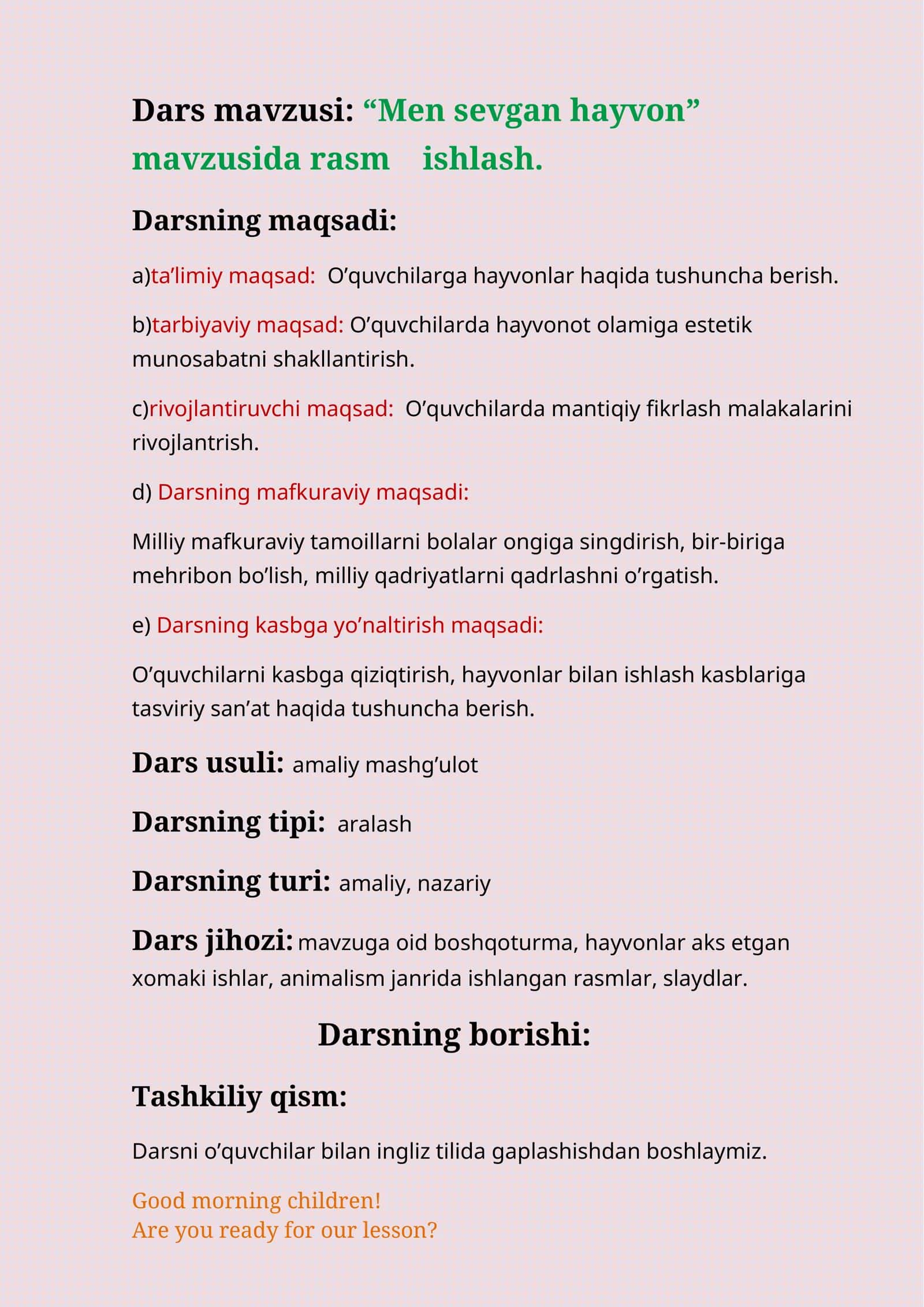 5-sinf Tasviriy san'at Men sevgan hayvon rasmini ishlash dars ishlanma