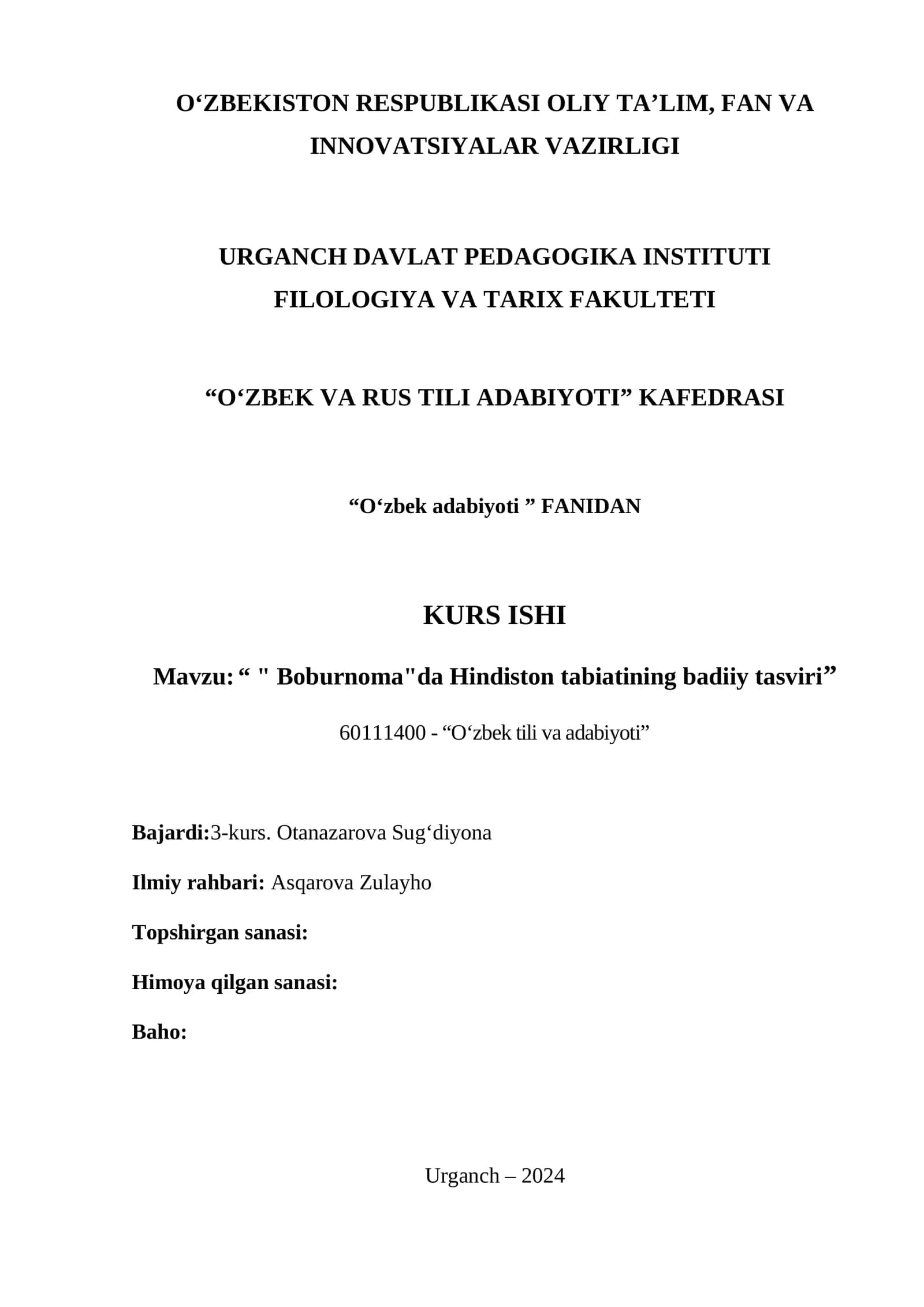KURS ISHI: "Boburnoma"da Hindiston tabiatining badiiy tasviri