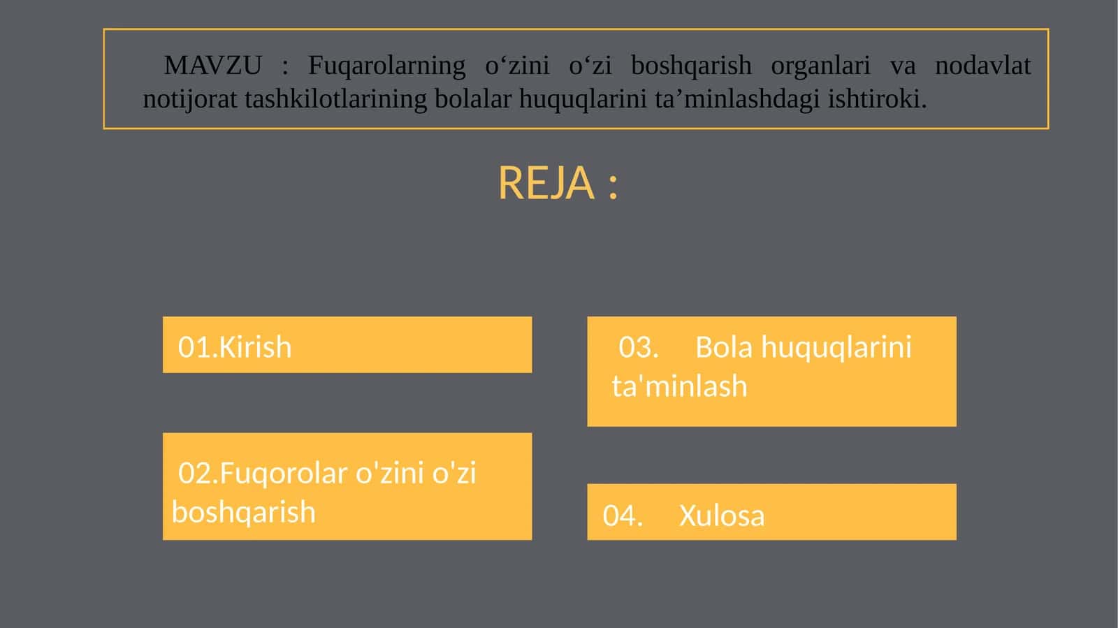 Fuqarolarning o‘zini o‘zi boshqarish organlari va nodavlat notijorat tashkilotlarining bolalar huquqlarini ta’minlashdagi ishtiroki.