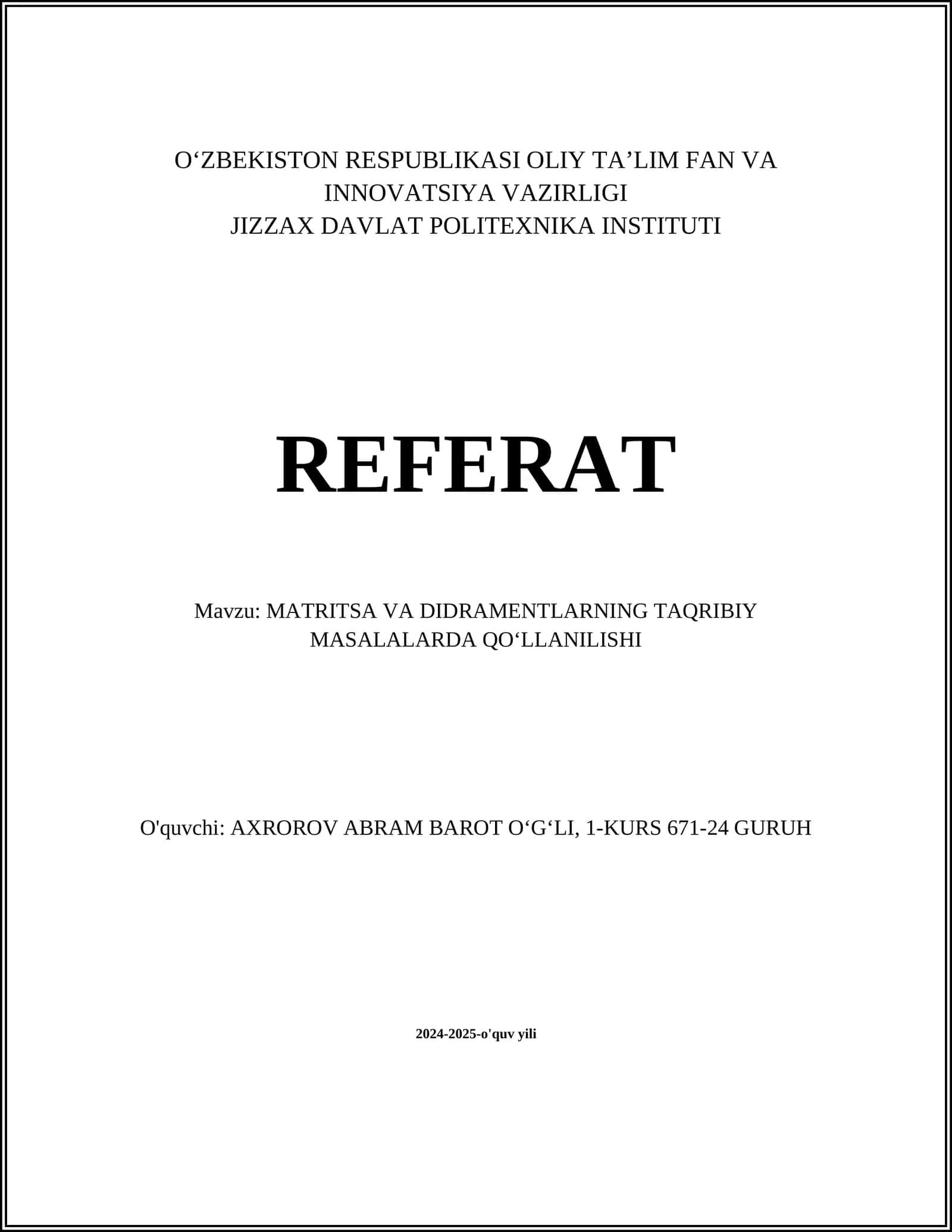 MATRITSA VA DIDRAMENTLARNING TAQRIBIY MASALALARDA QOʻLLANILISHI