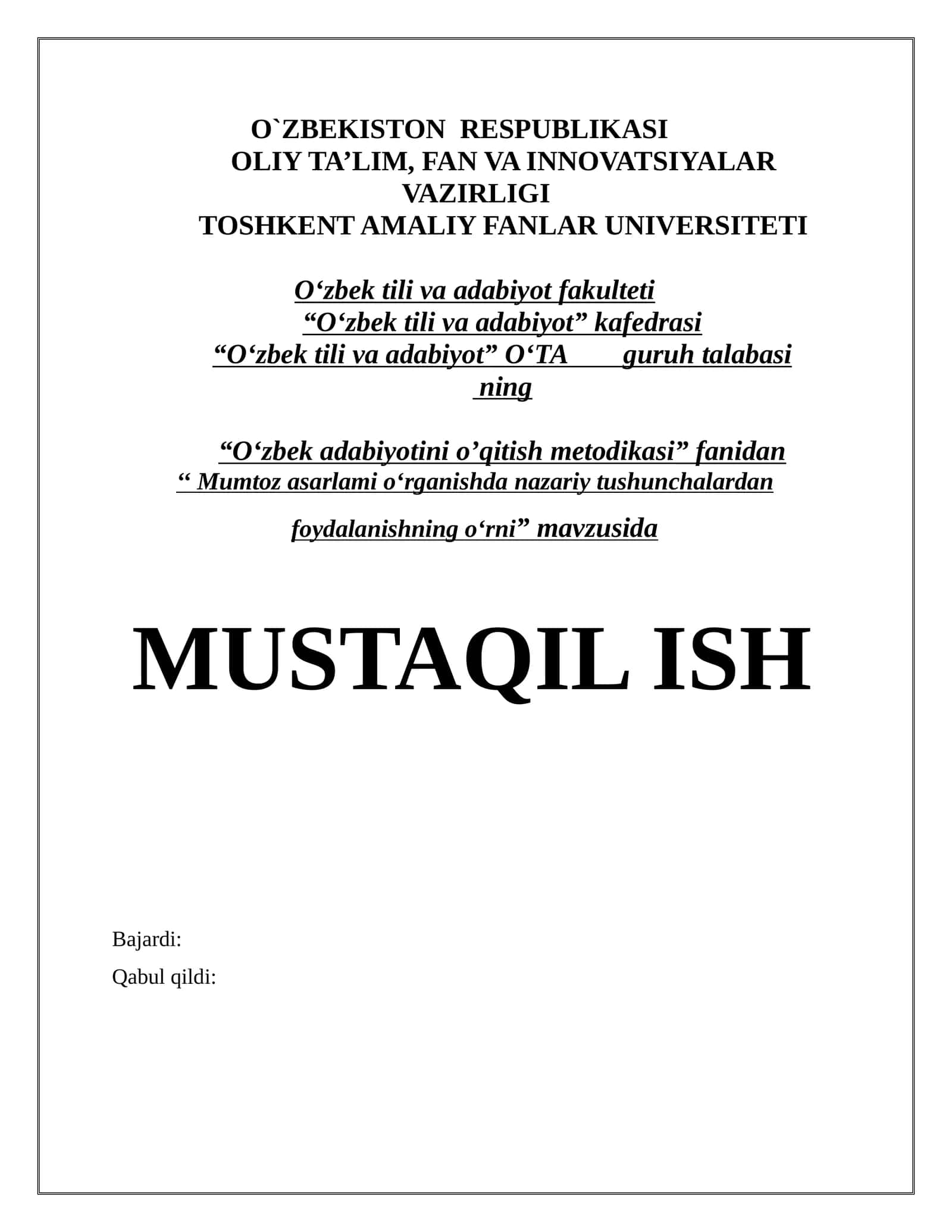 ”O‘zbek adabiyotini o’qitish metodikasi” fanidan