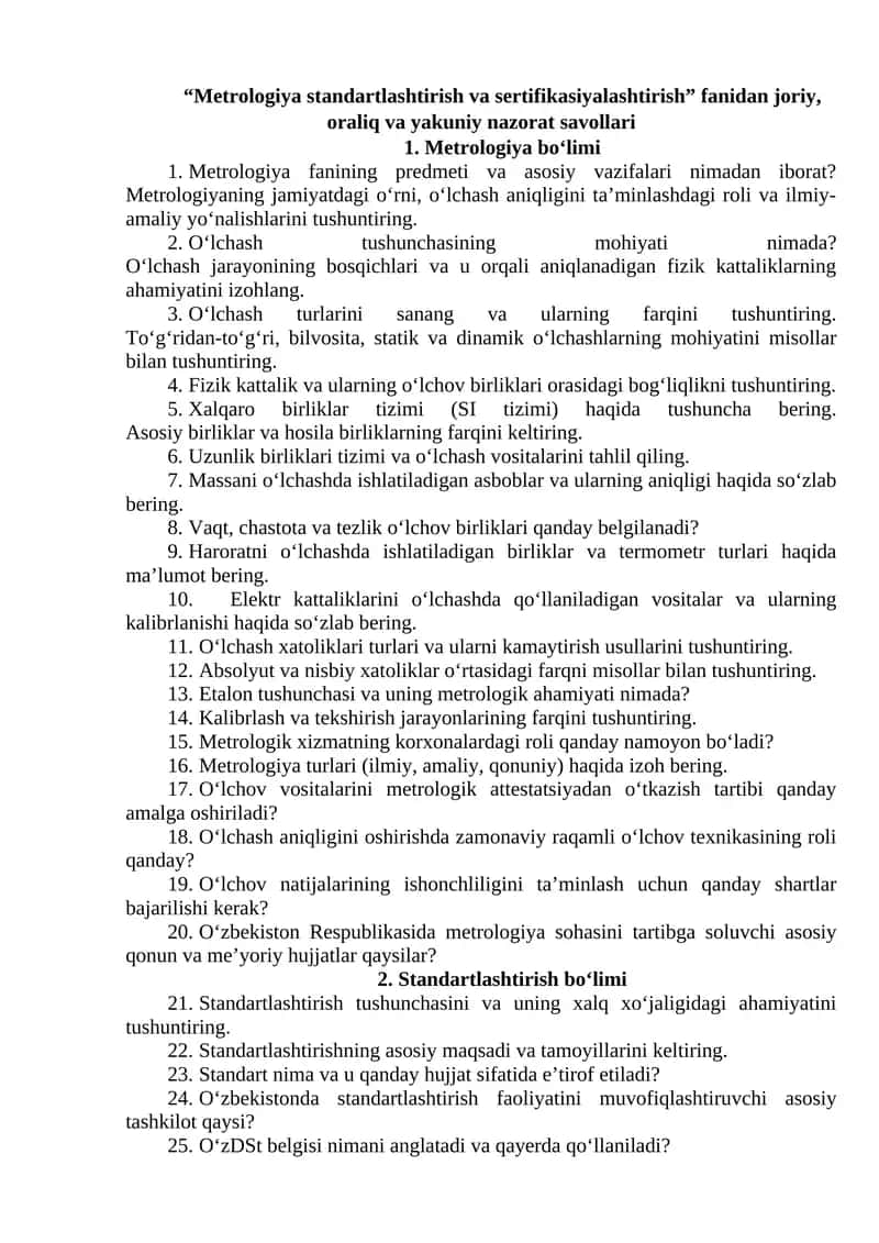 Metrologiya standartlashtirish va sertifikasiyalashtirish