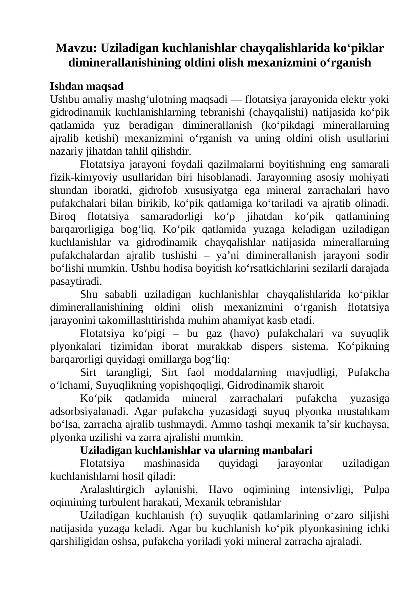 Uziladigan kuchlanishlar chayqalishlarida ko‘piklar diminerallanishining oldini olish mexanizmini o‘rganish