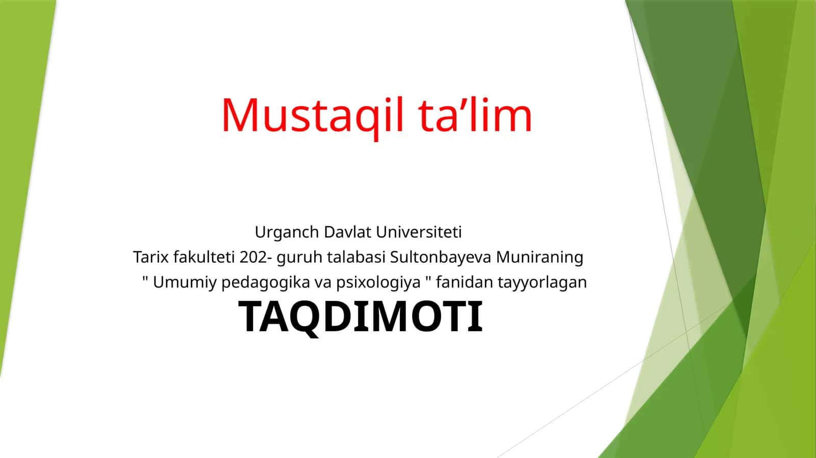 Umumi y pedagogika va psixologiya fanidan tayyorlagan taqdimot