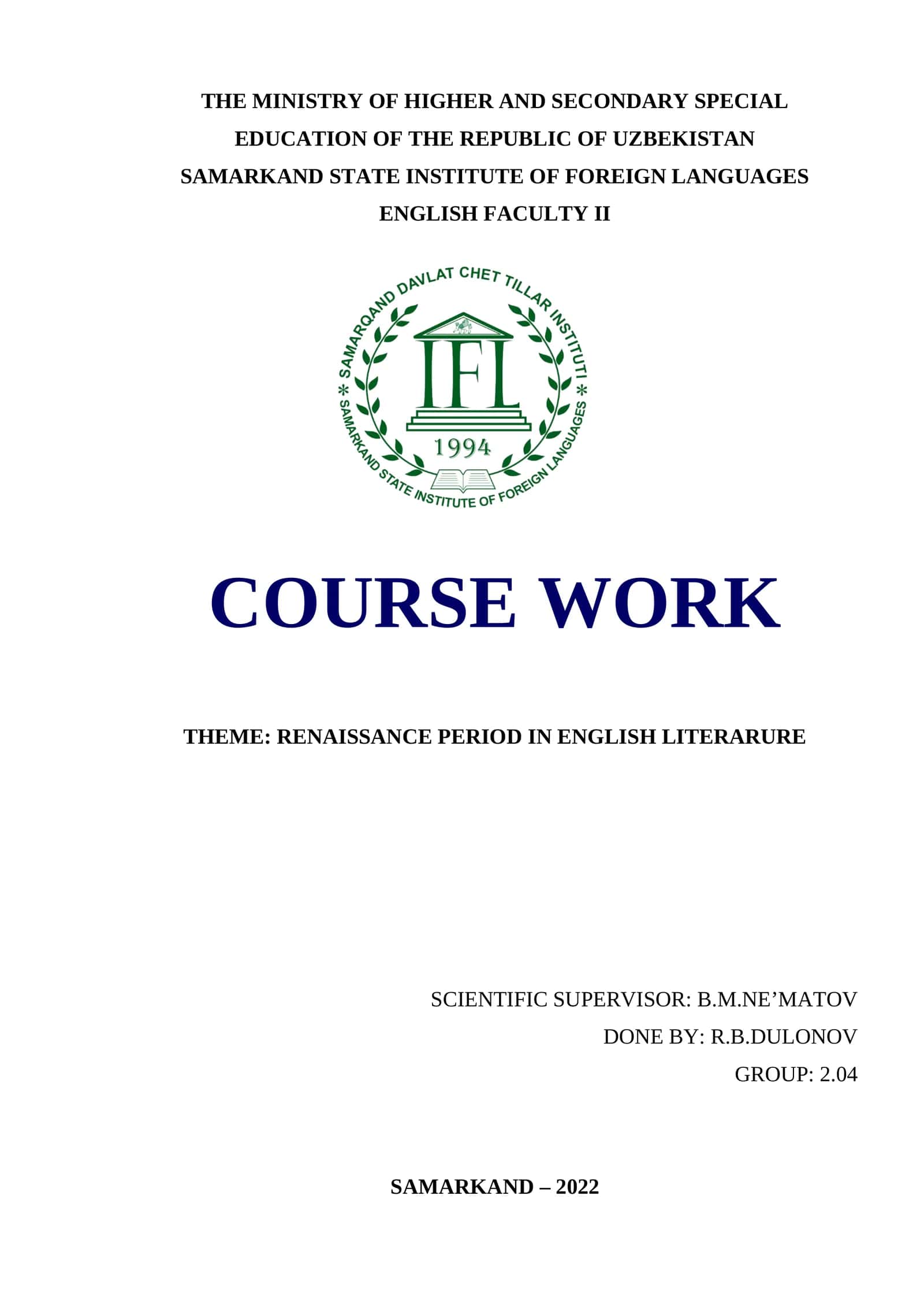 RENAISSANCE PERIOD IN ENGLISH LITERATURE