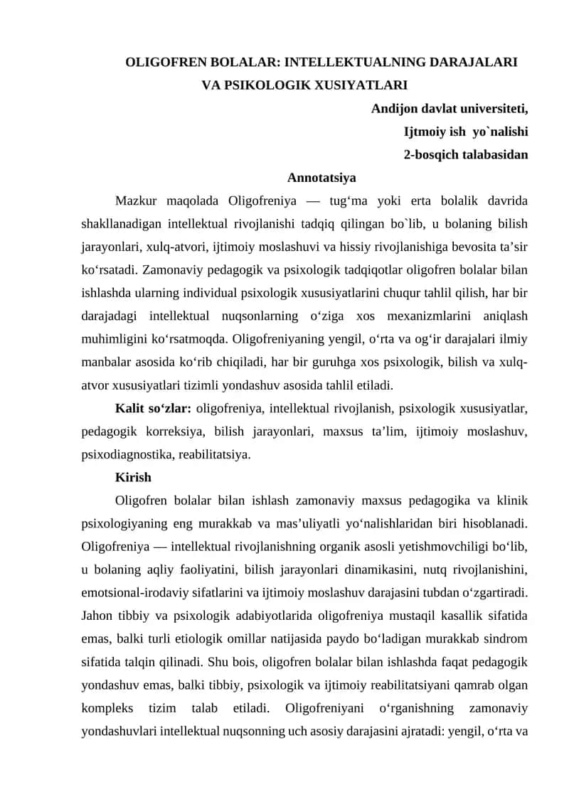 OLIGOFREN BOLALAR: INTELLEKTUALNING DARAJALARI VA PSIKOLOGIK XUSIYATLARI