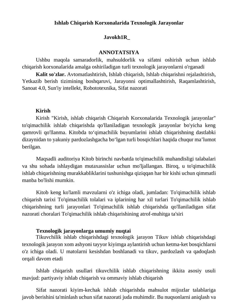 Ishlab Chiqarish Korxonalarida Texnologik Jarayonlar