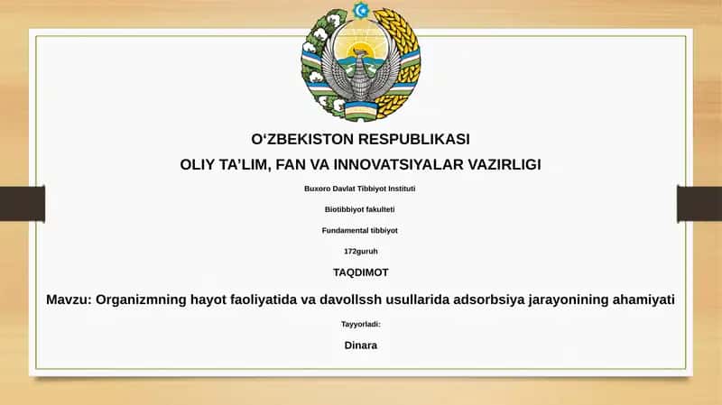 Organizmning hayot faoliyatida va davollash usullarida adsorbsiya jarayonining ahamiyati