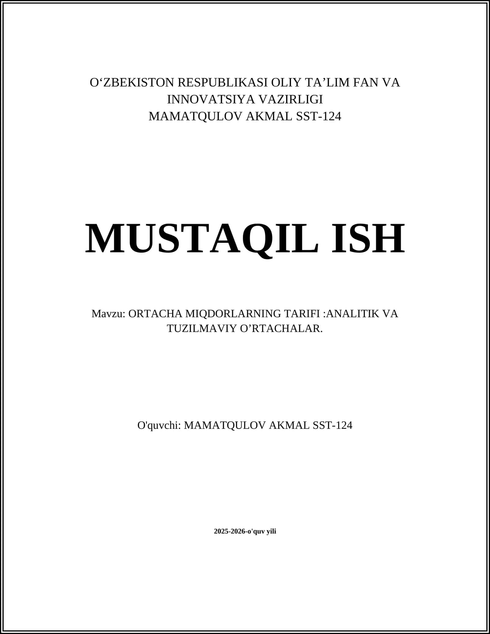 ORTACHA MIQDORLARNING TARIFI:ANALITIK VA TUZILMAVIY O’RTACHALAR