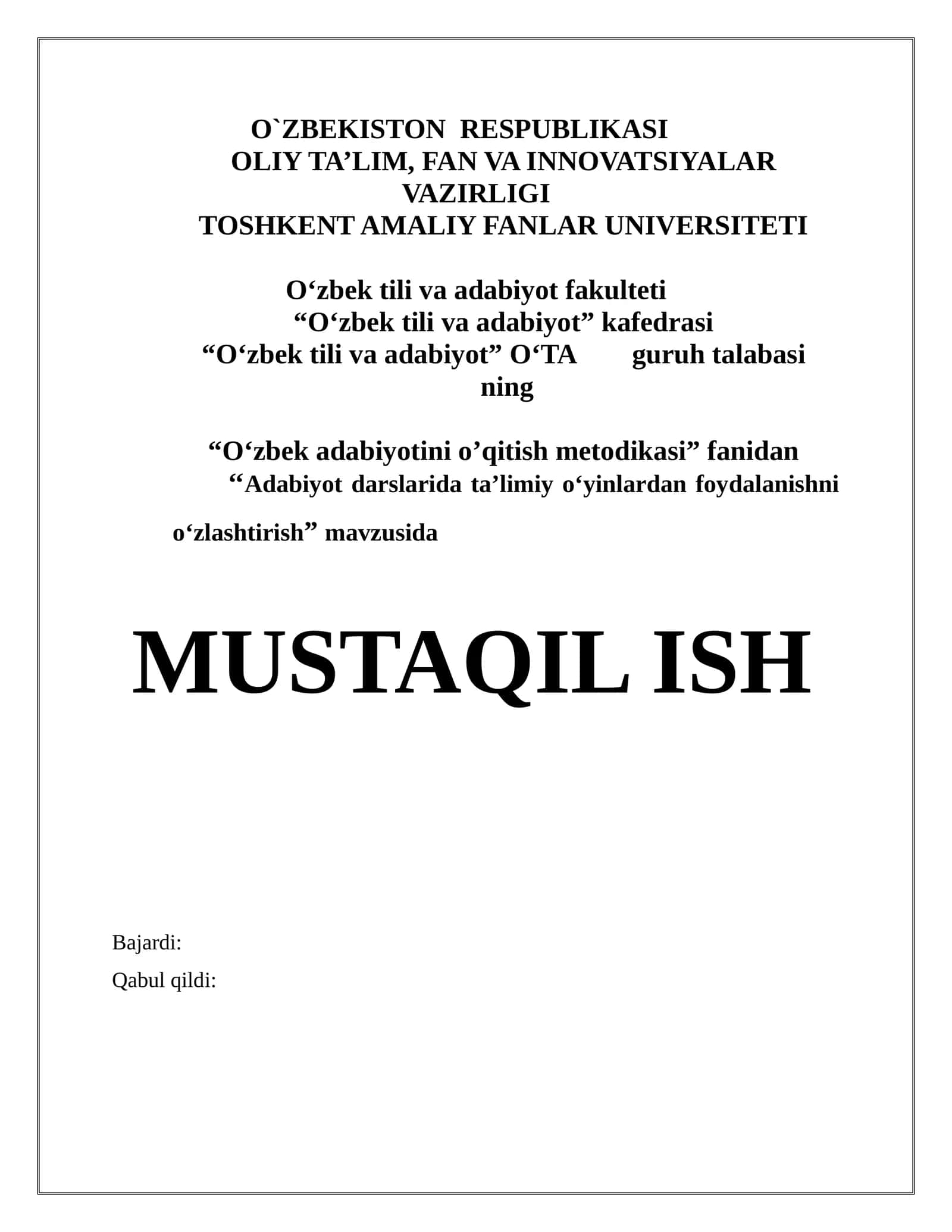 “Adabiyot darslarida ta’limiy o‘yinlardan foydalanishni o‘zlashtirish” mavzusida