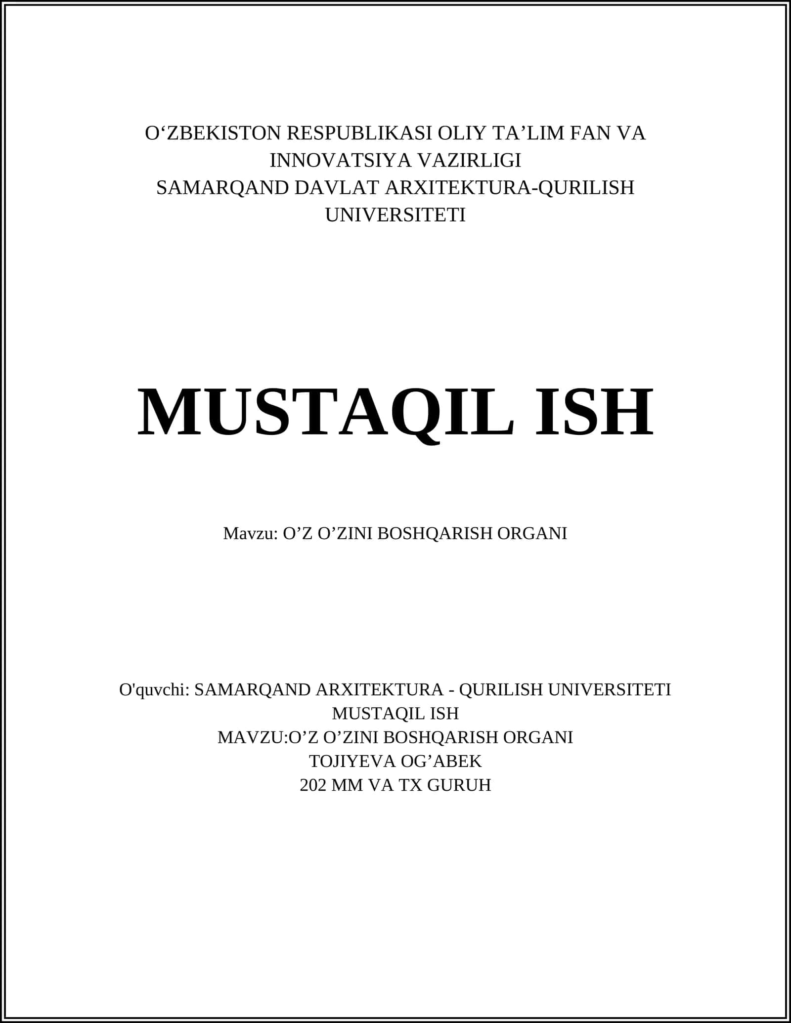 O‘Z O‘ZINI BOSHQARISH ORGANI