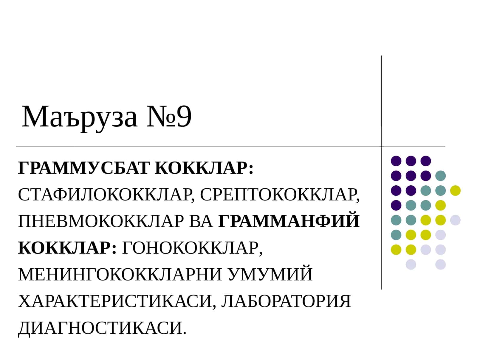 ГРАММУСБАТ КОККЛАР:СТАФИЛОКОККЛАР, СРЕПТОКОККЛАР, ПНЕВМОКОККЛАРВАГРАММАНФИЙКОККЛАР:ГОНОКОККЛАР, МЕНИНГОКОККЛАРНИ УМУМИЙ ХАРАКТЕРИСТИКАСИ, ЛАБОРАТОРИЯ ДИАГНОСТИКАСИ