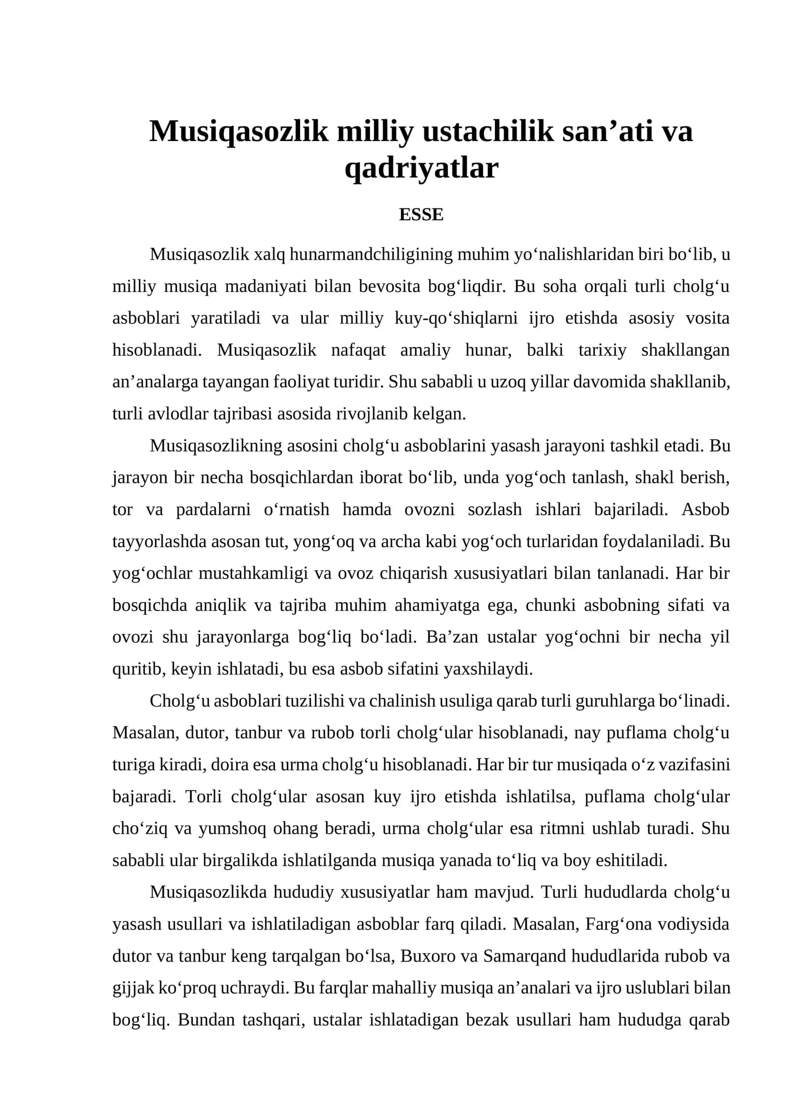 Musiqasozlik milliy ustachilik san’ati va qadriyatlar