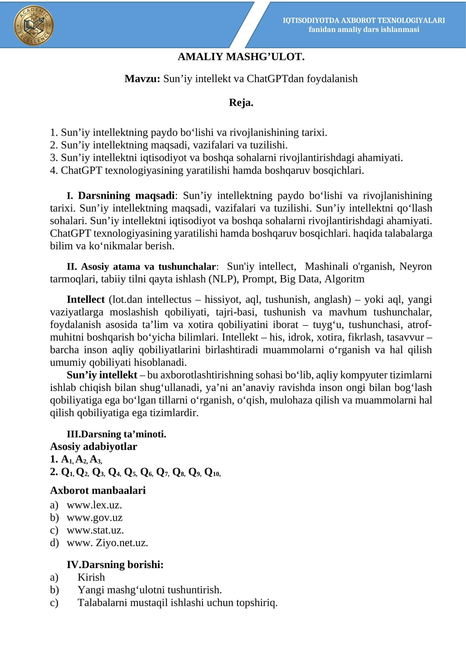 Sun’iy intellekt va ChatGPTdan foydalanish amaliy dars ishlanmasi