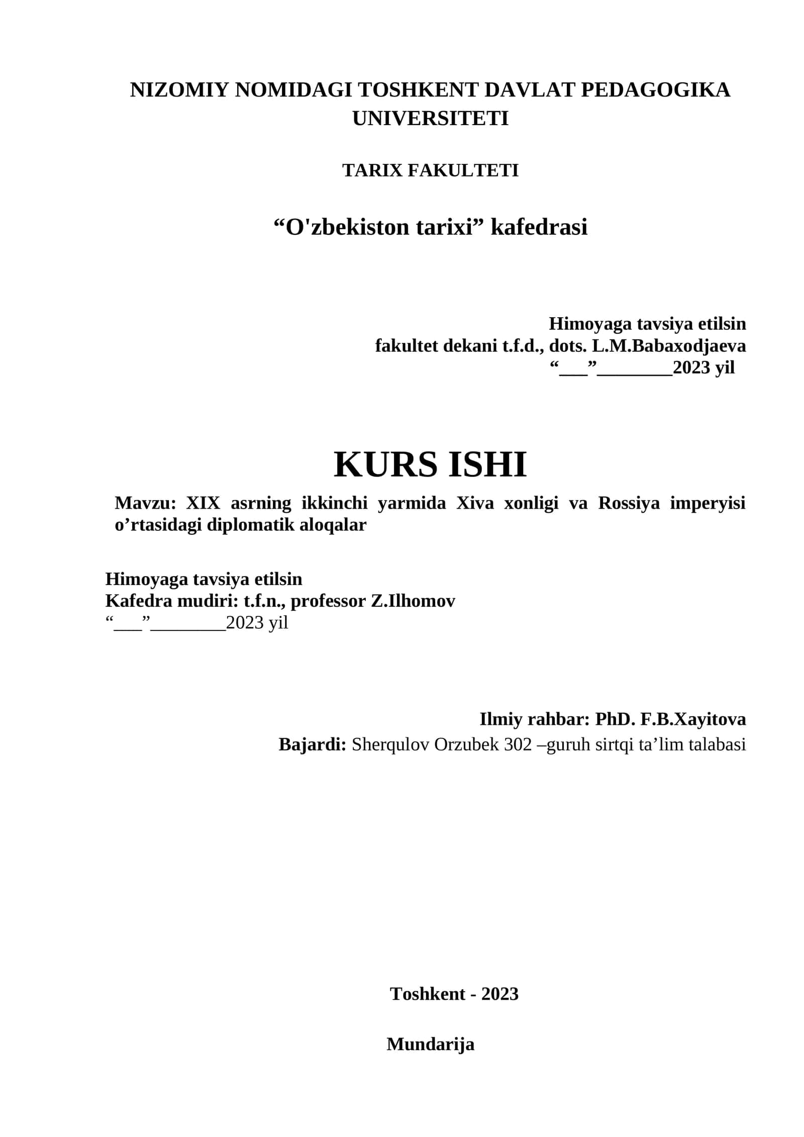 XIX asrning ikkinchi yarmida Xiva xonligi va Rossiya imperyisi o’rtasidagi diplomatik aloqalar